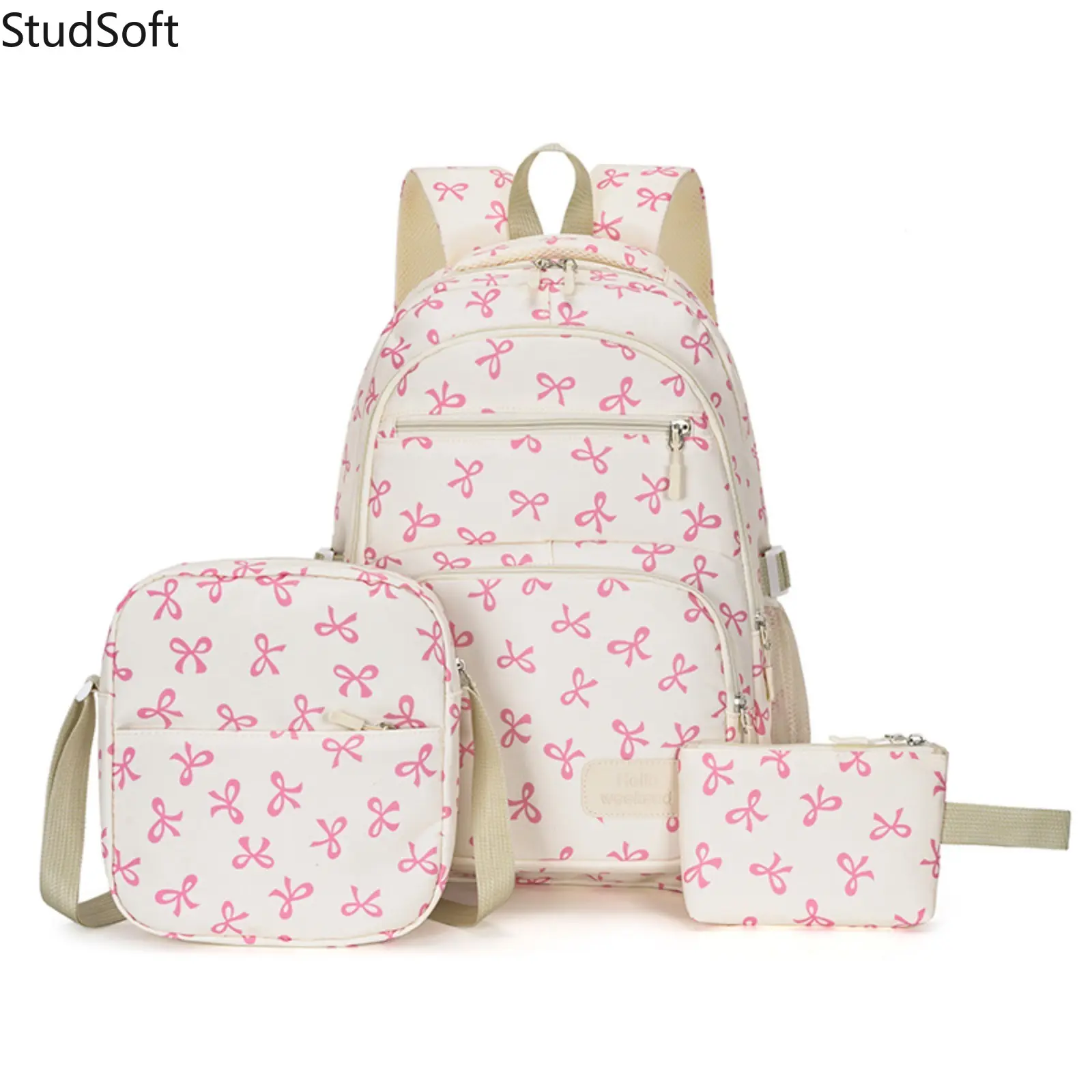 Cute Bowknot School Backpack 3 Piece Set for Girls Pink Bow Pattern Bookbag Laptop Backpack with Crossbody Shoulder Bag Pencil Pouch for Kids Teens
