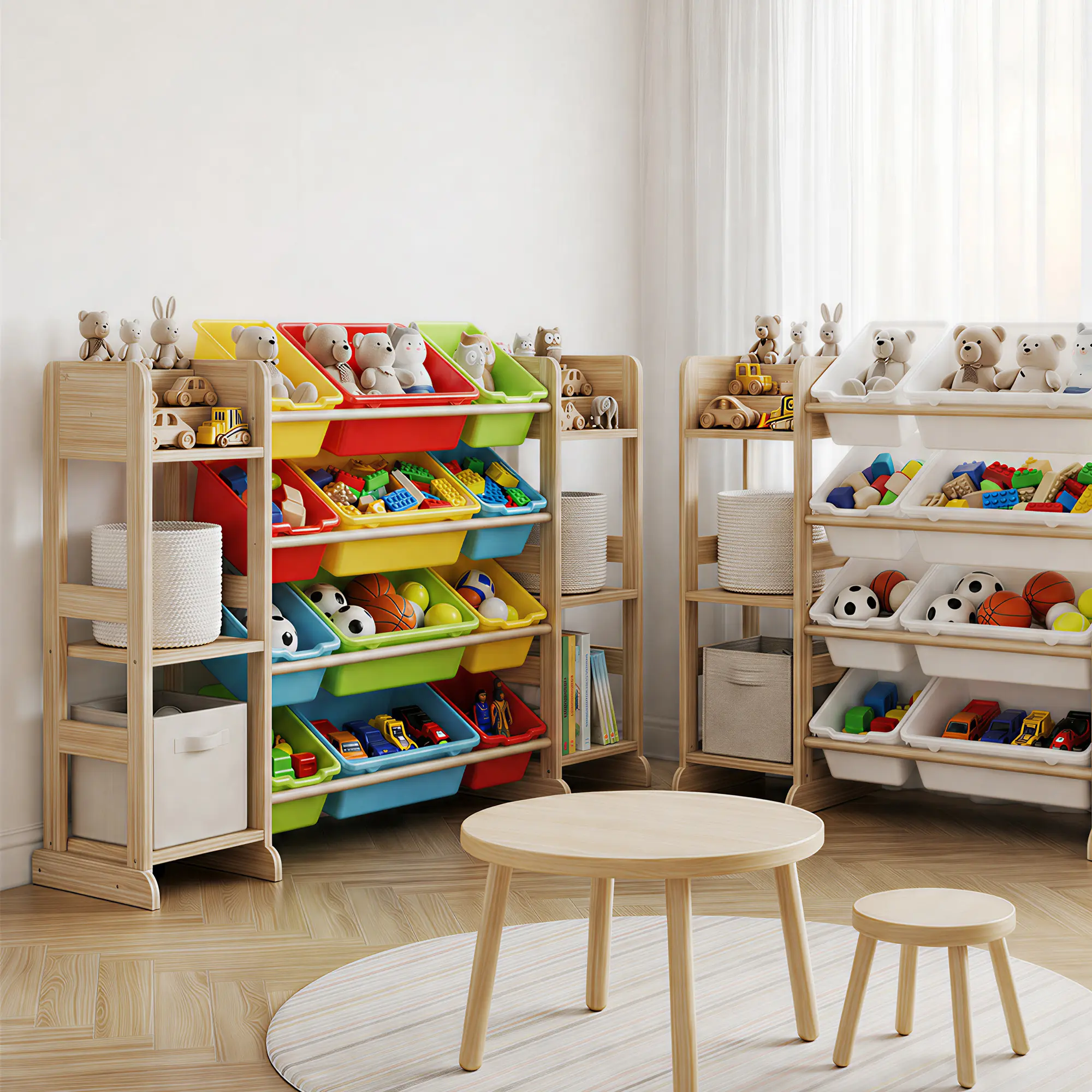 52.3" Wide Solid Wood Kids Toy Storage Cabinet, 12 Removable Bins plus 6 Open Cubby Shelves, Multi Purpose Organizer Shelf for Playroom, Bedroom and Nursery
