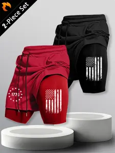 American Patriotic Style Print Pants, Elastic Breathable Anti-Exposure Men's Gym Running Gym Shorts, Slim-Fitting Sporty Design