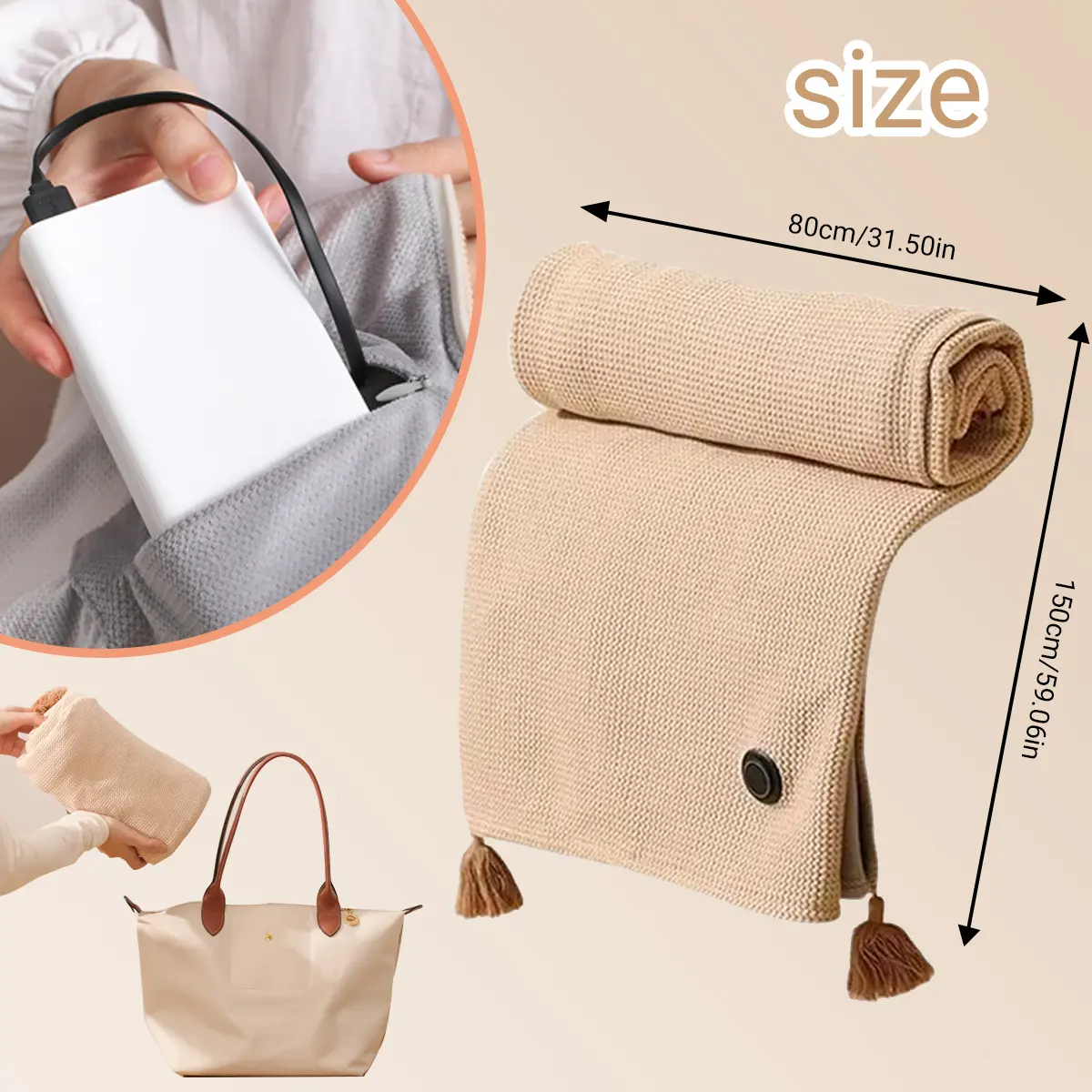 2026 New Portable Heated Blanket Shawl Wraps for Women,Portable USB Heated Blanket Shawl with 3 Heat Settings & Fast Heating, Beige Shawl Wrap for Women Men, Home Outdoor Office Use