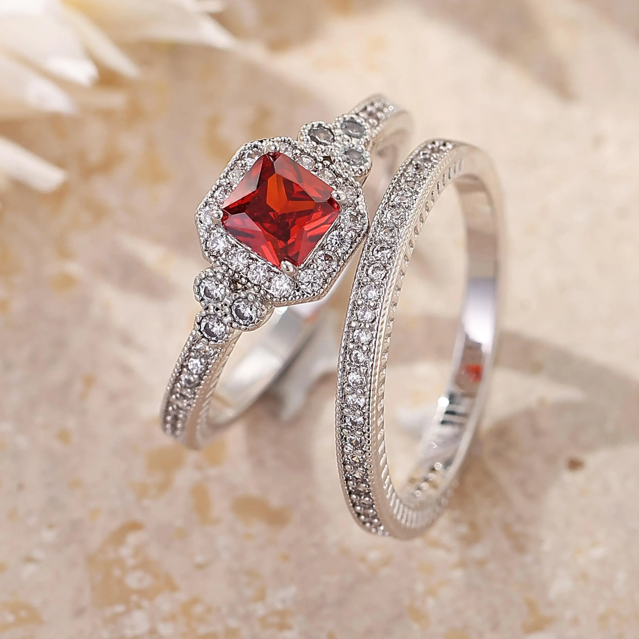 Women's Elegant Halo Bridal Set Rings, 2-Piece Metal Coating Plain Engagement Ring & Eternity Band, Casual Statement Costume Jewelry for Parties & Everyday Wear, Wedding Ring Sets