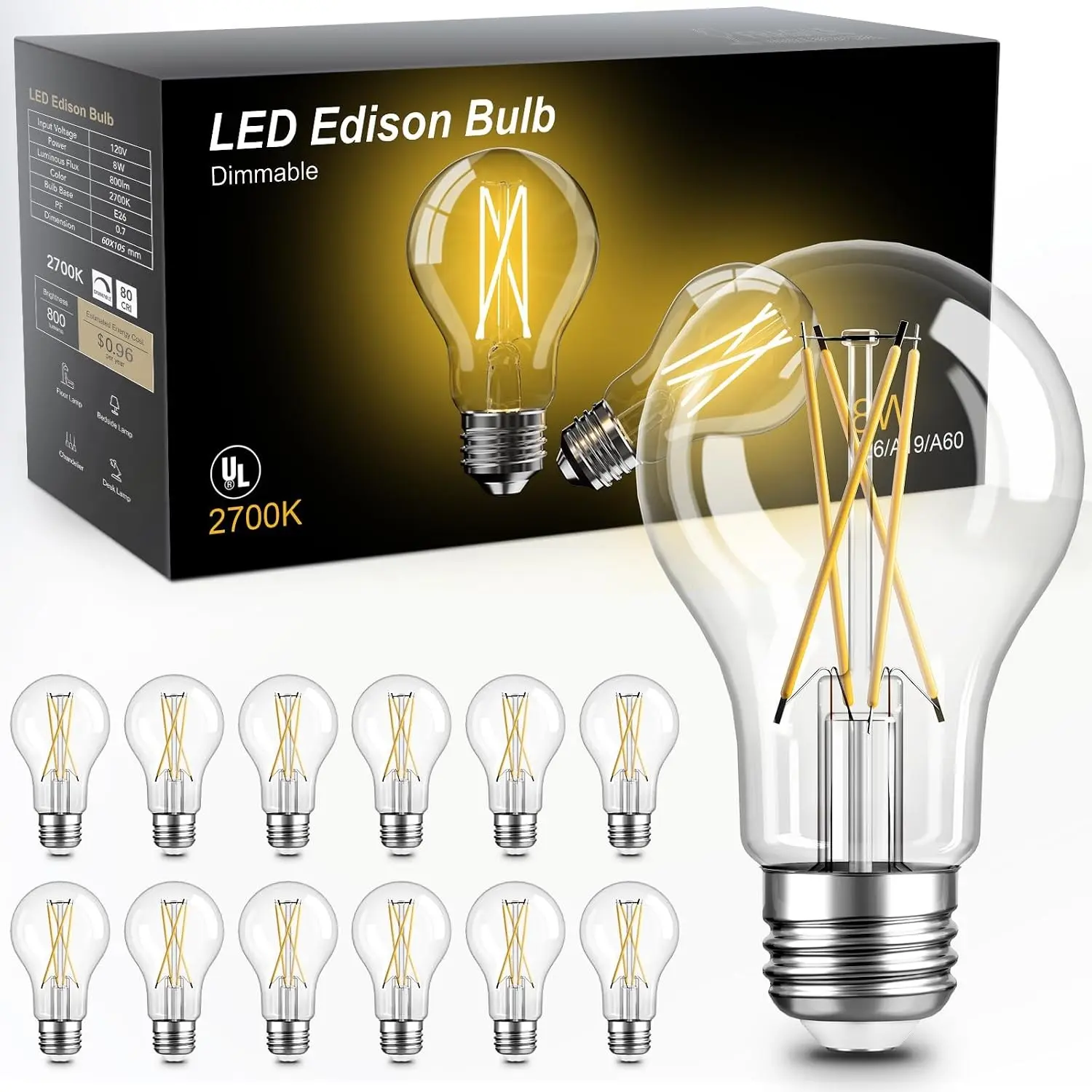 12 Pack A19 Vintage LED Edison Bulbs, Dimmable, 60W Equivalent, High Brightness 2700K Warm White, 8W E26 Standard Base, 800 Lumens, CRI80+, Clear Glass Filament Bulb for Home, Farmhouse