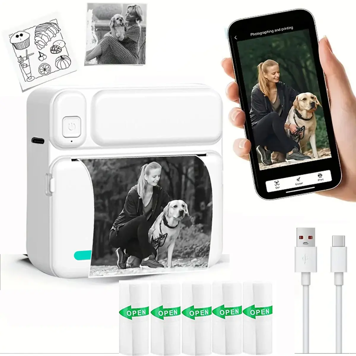 Wireless Mini Printer, Portable Thermal Inkless Printer with 5 Rolls of Paper, Portable Picture Printer, Ideal for Photos, Notes, DIY, Perfect Gift