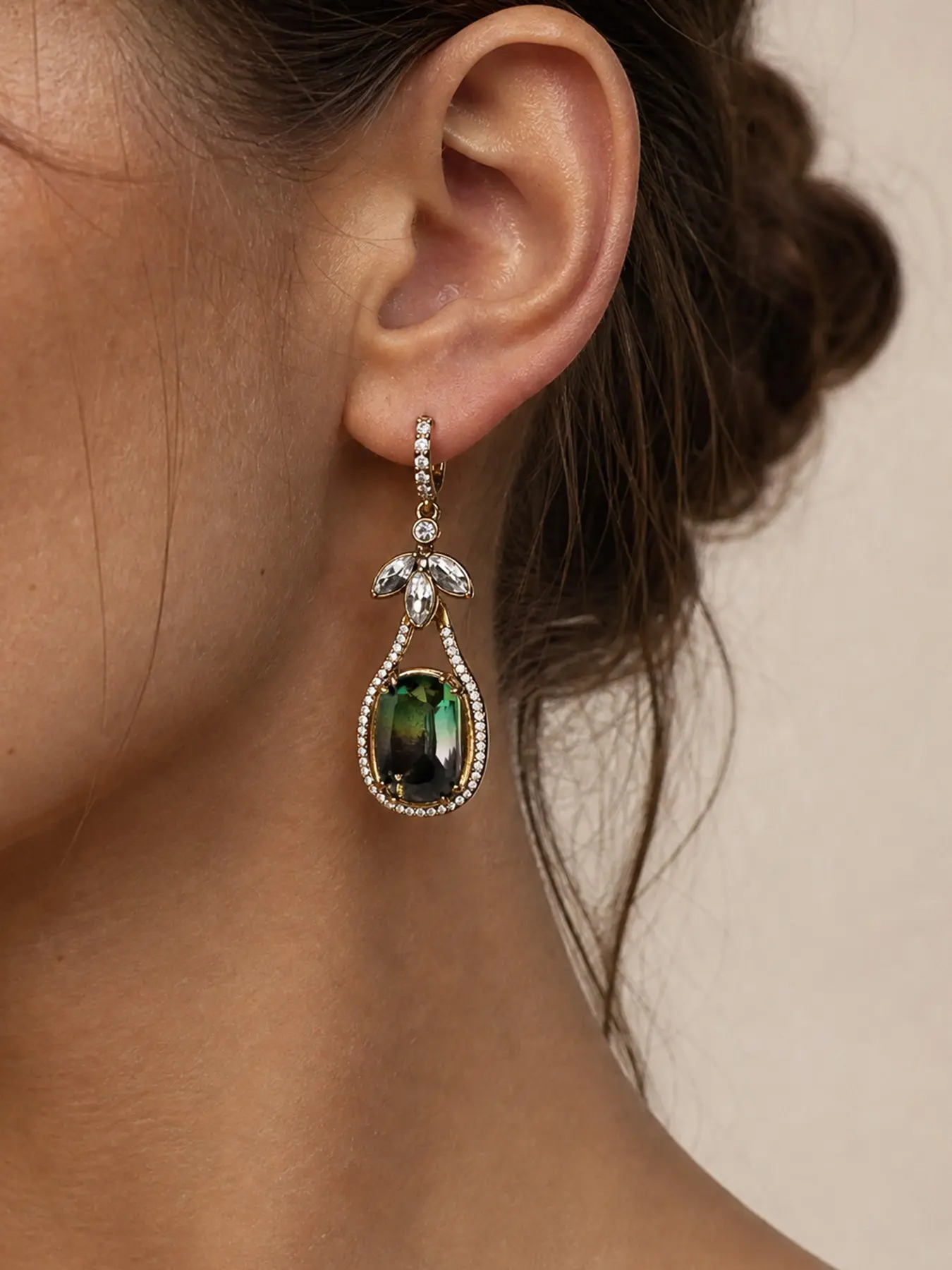 Vintage Retro Baroque Gradient Green Tourmaline Tone Crystal Drop Hoop Earrings Antique Gold Tone Nickel Free H65 Brass Marquise Leaf Rhinestone Open Teardrop Frame For Women Daily Banquet Birthday Gift For Her