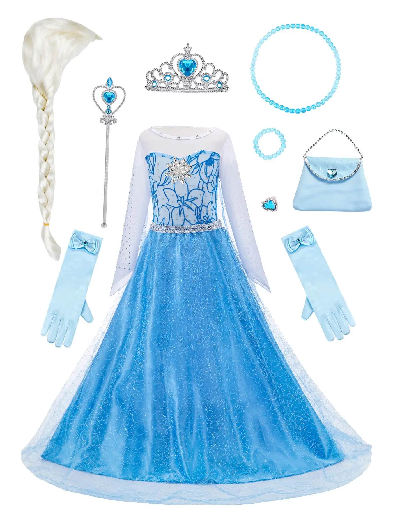 9-Piece Set, Girls Dreamy Ice Blue Winter Fairy Princess Costume Dress, Full Silver Glitter Voluminous Tulle Skirt Rhinestone Snowflake Applique Sheer Sleeve Gown, Full Gem Accessory Set for Birthday Pageant Photoshoot