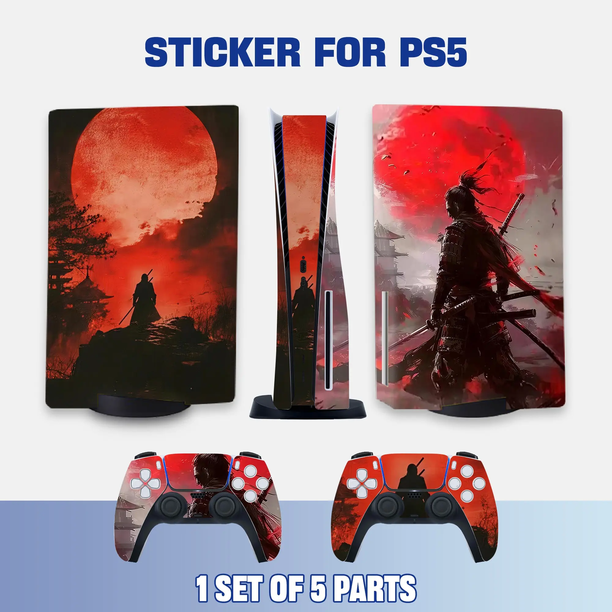 Red Moon Silhouette Warrior Style PS5 Disc Edition Protective Vinyl Skin Sticker Set for Console & Controllers, Waterproof, Scratch-Resistant, Dustproof, Removable & No Residue