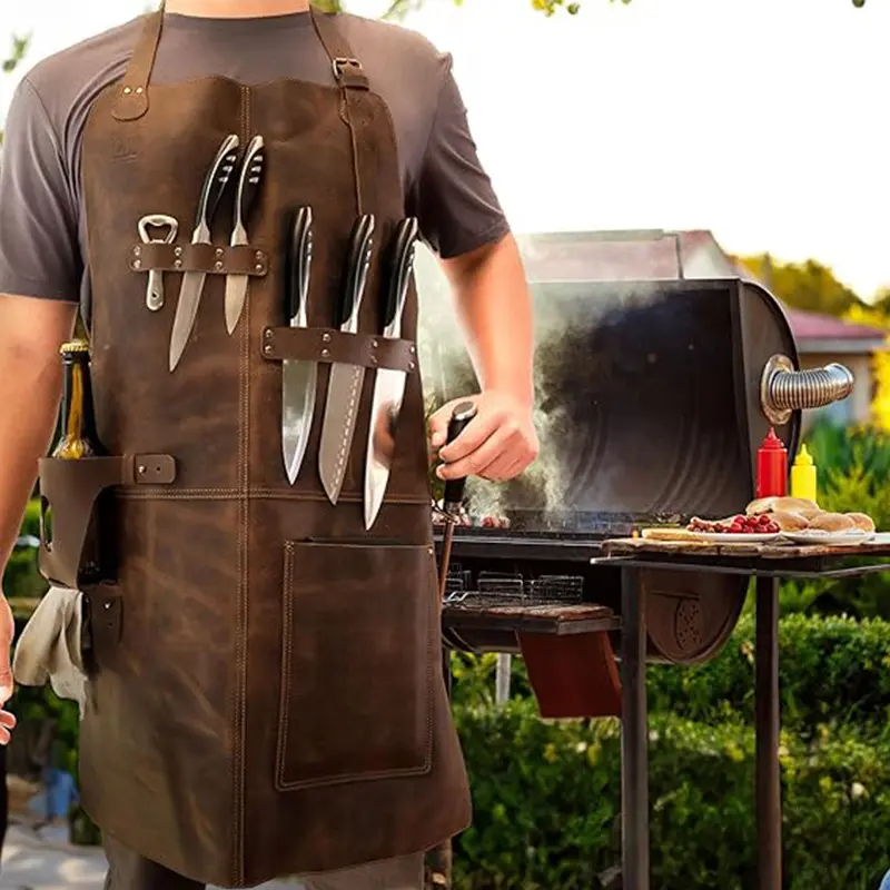 PU Leather Apron, Kitchen Aprons for Picnic BBQ, Oil-Resistant Wine Bottle Holder, Durable Outdoor Cooking & Work Use, All-In-One Grill Apron