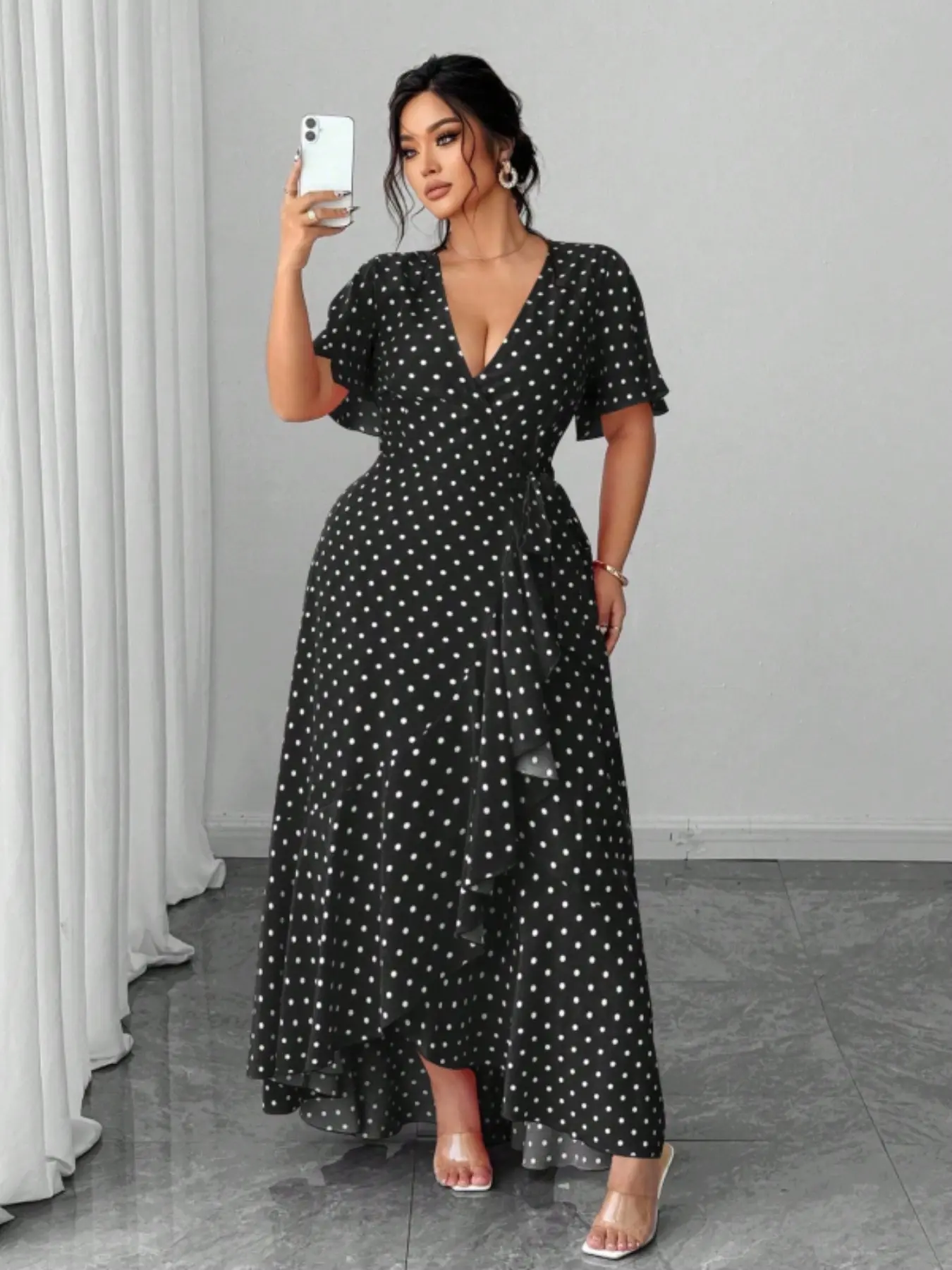 Elegant Classy Flattering Polka Dot V-Neck Wrap Dress, Ruffle Short Sleeve Waist Cinching Fit, Summer Vintage Chic Style, Office Commute, Evening Party, Casual Wear