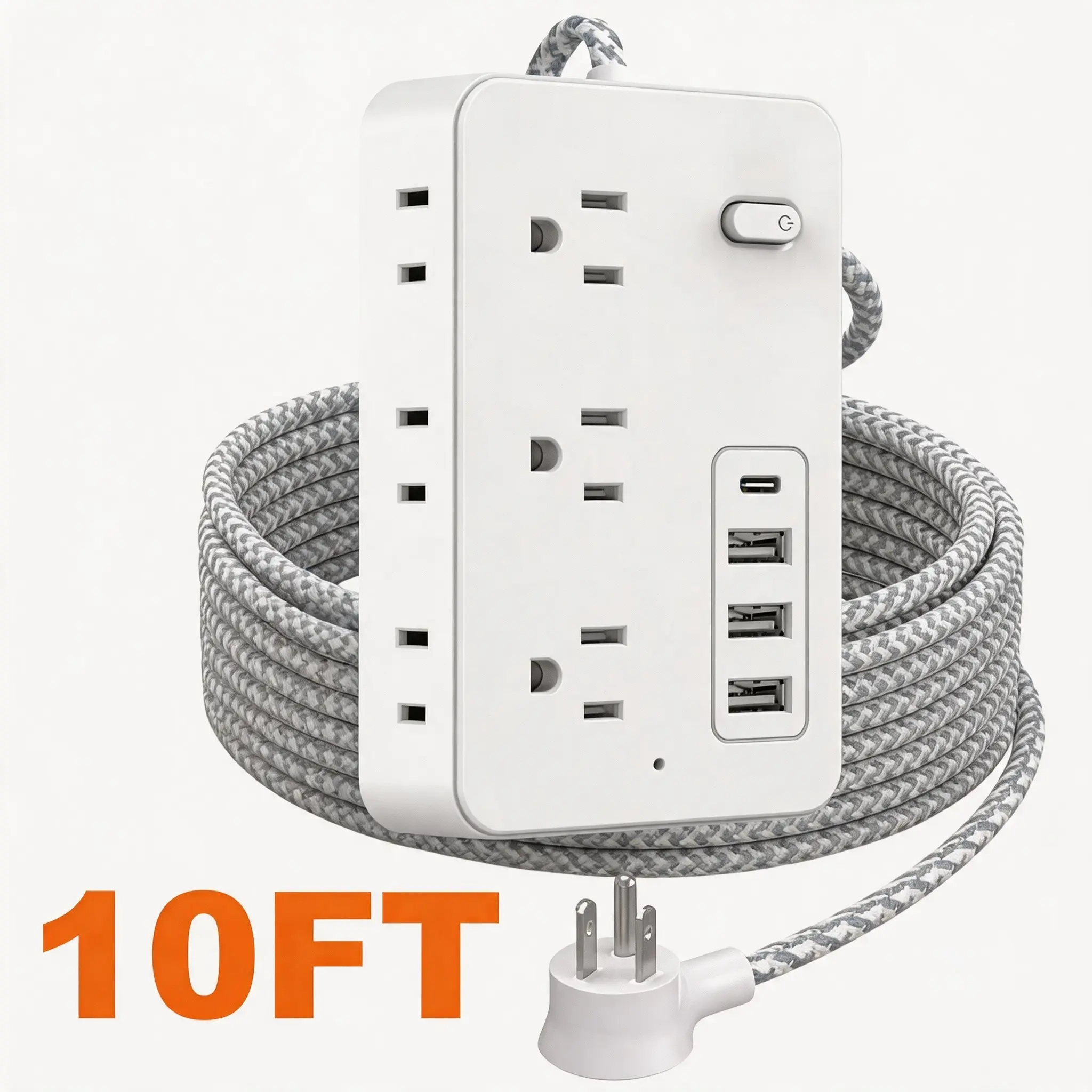 10FT 10-in-1 Power Strip Surge Protector with 6AC Outlets, 3USB &1Type-C Ports | 5FT Multi Plug Outlet Expander, Compact Desk Multi-plug Outlet | Flat Plug Design, Space-Saving Extension Cord for Home, Office And Kitchen