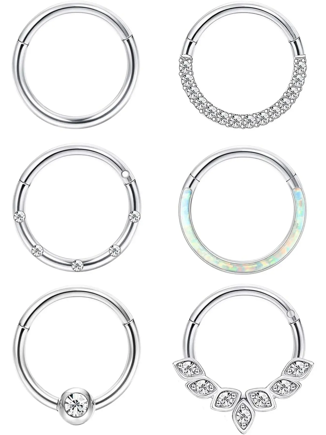 6Pcs 16G 18G Septum Rings Steel Nose Rings Hoop for Women Opal CZ Daith Cartilage Hoop Earring Clicker Septum Jewelry Hinged Hoop Nose Ring Lip Helix Rook Tragus Piercing Jewelry