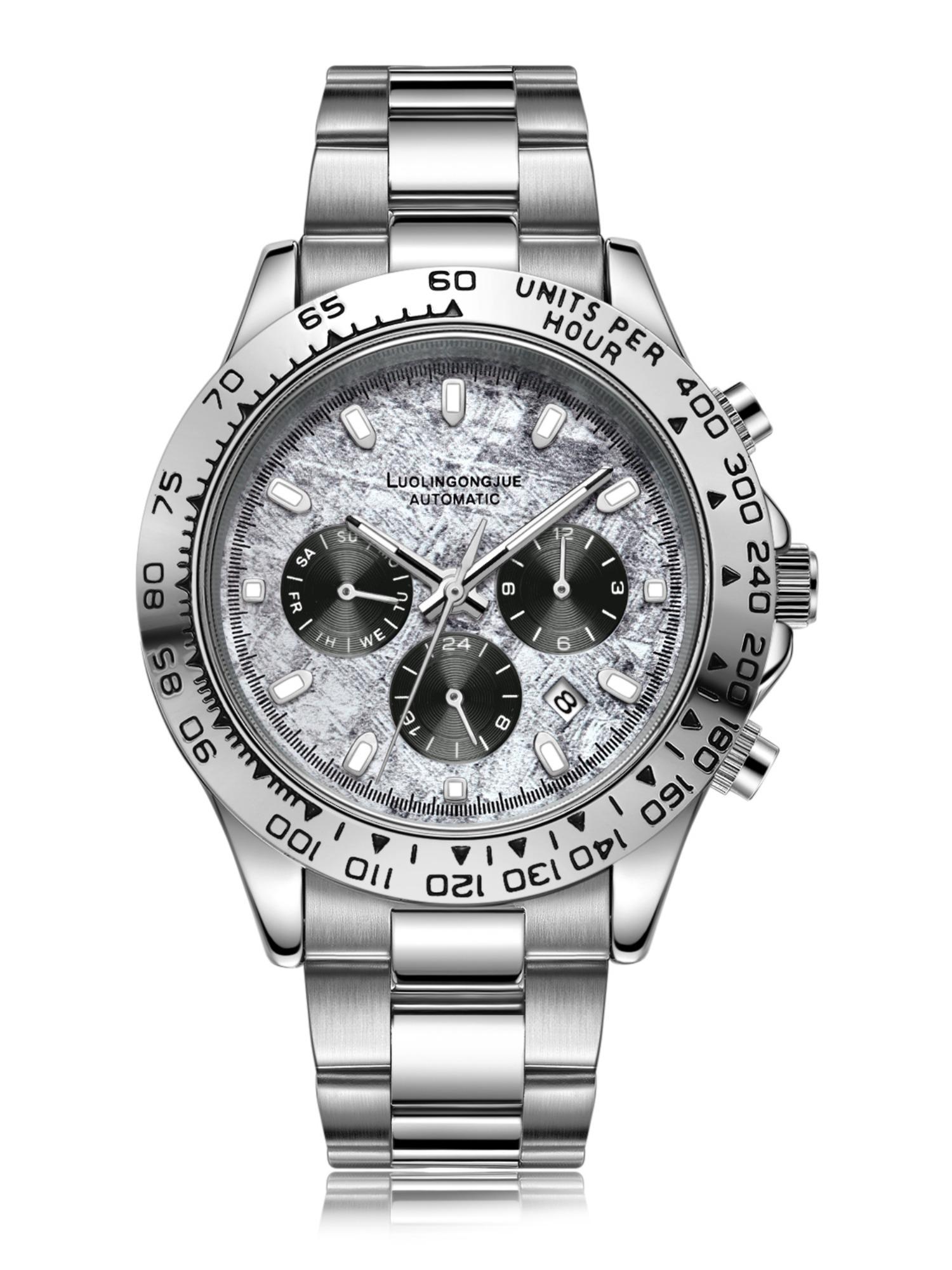 Multi-Function Chronograph Mechanical Watch for Men, Skeleton Stainless Steel Automatic Self-Winding Timepiece with Month, Date, Day, and 24-Hour Display – Luxury Gift for Business & Fashion