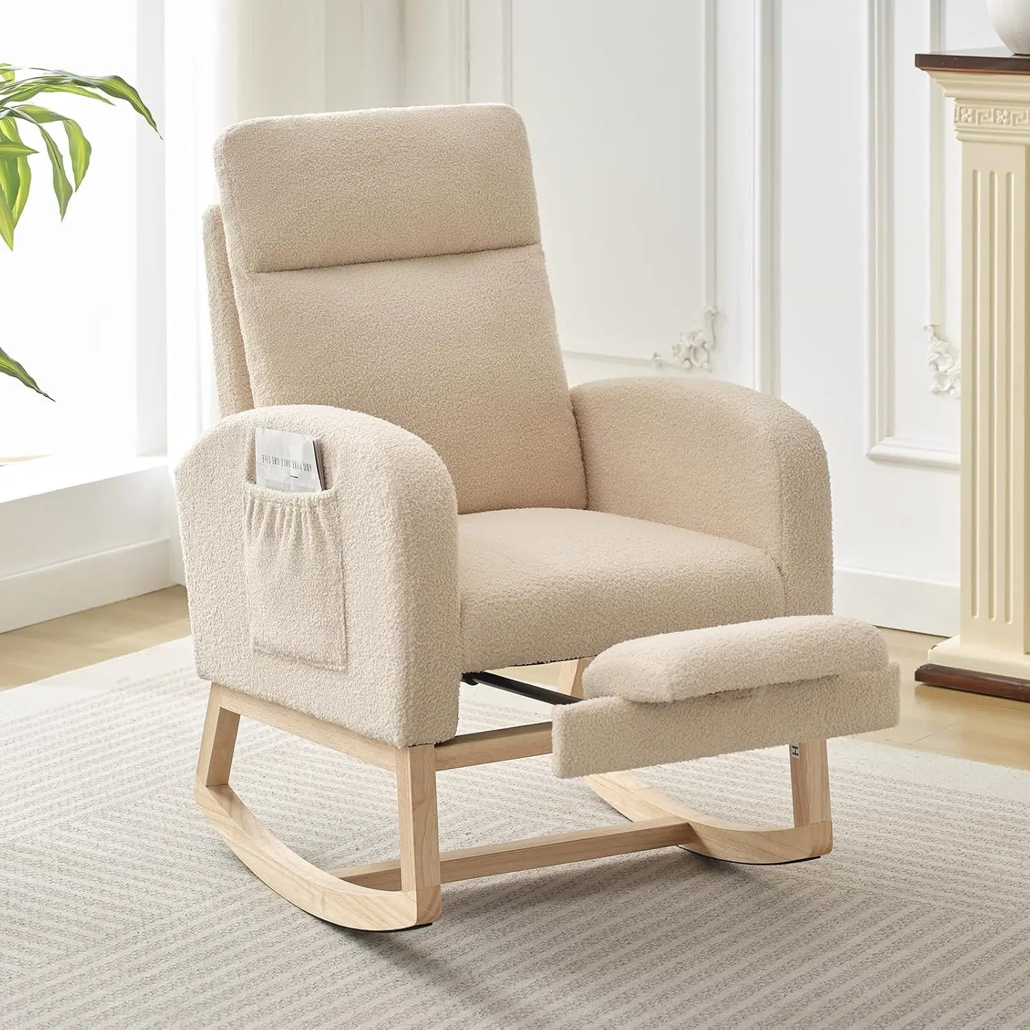 Rocking Chair Nursery Chairs with Foot Rest, Recliner Armchair with High Backrest& Wood Legs and Side Pocket for Living Room,Bedroom,Beige/Grey/Green/Brown
