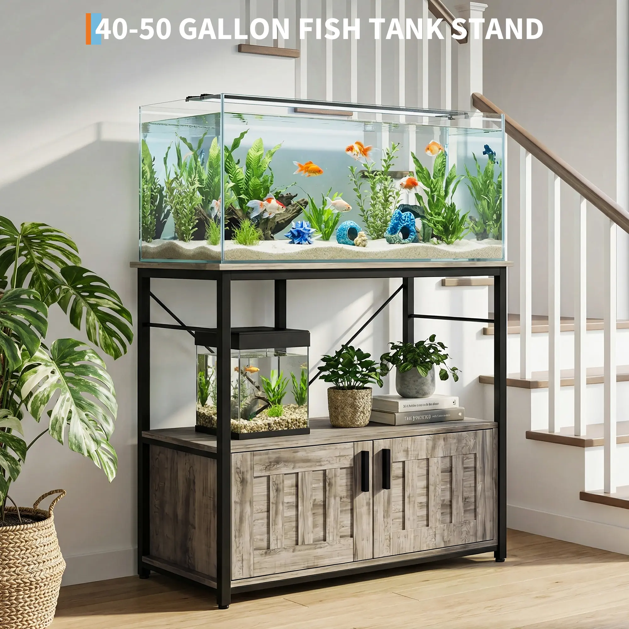 40-50 Gallon Aquarium Stand – 660lbs Capacity, Double-Tier with Cabinet & Shelf – Gray/Black/Brown – Waterproof, Leveling Feet