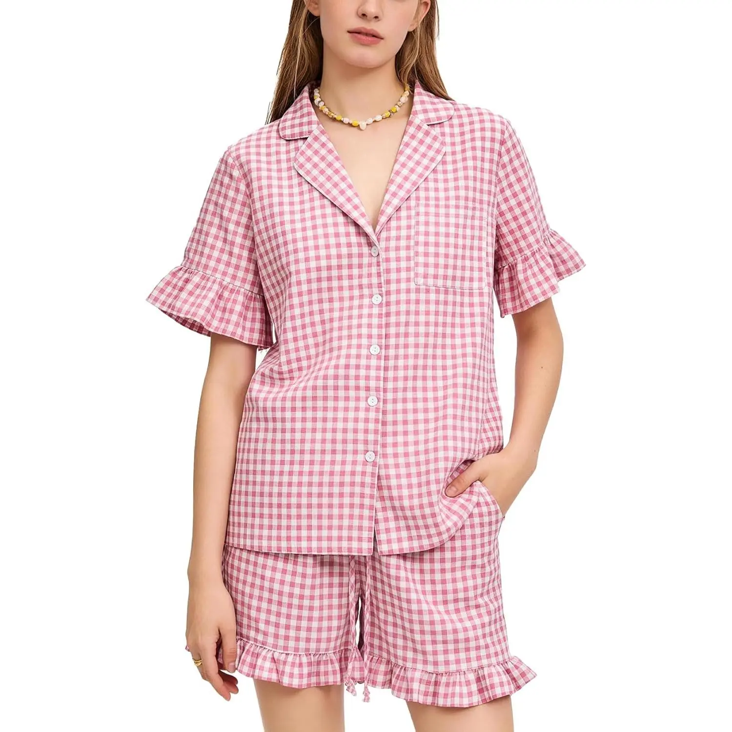Women's Casual Gingham 2 Piece Pajama Set with Short-Sleeve Notch Collar Shirt and Shorts, Checkered Loungewear, Checkered Lounge Set summervibes☀️
