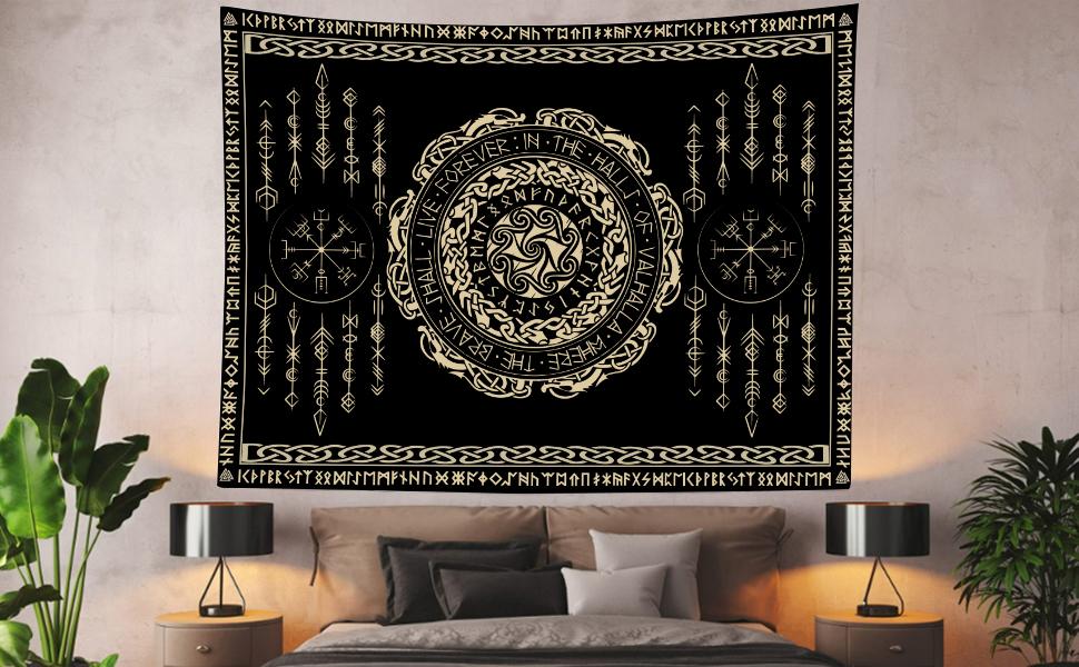 Nordic Vikings Tapestry, Large 80x60inches Soft Flannel, Viking Valknut Celtic Rune Scandinavian Aesthetic Mythology Tapestry Wall Hanging for Bedroom Living Room Decor