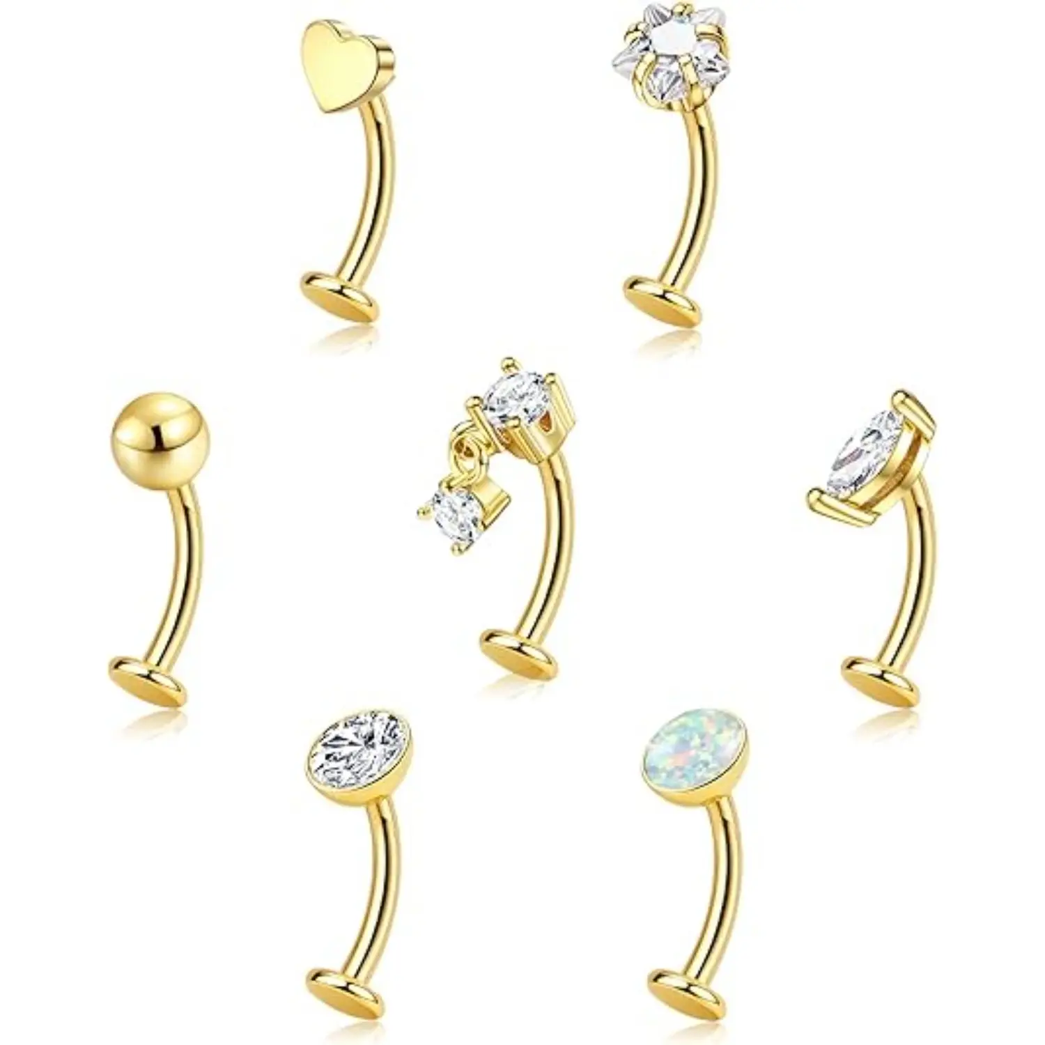 ORAZIO 7 Pcs Belly Button Ring Set Surgical Steel Hypoallergenic CZ Opal Internally Threaded Navel Piercing Jewelry 14G Gold Silver Tone for Women