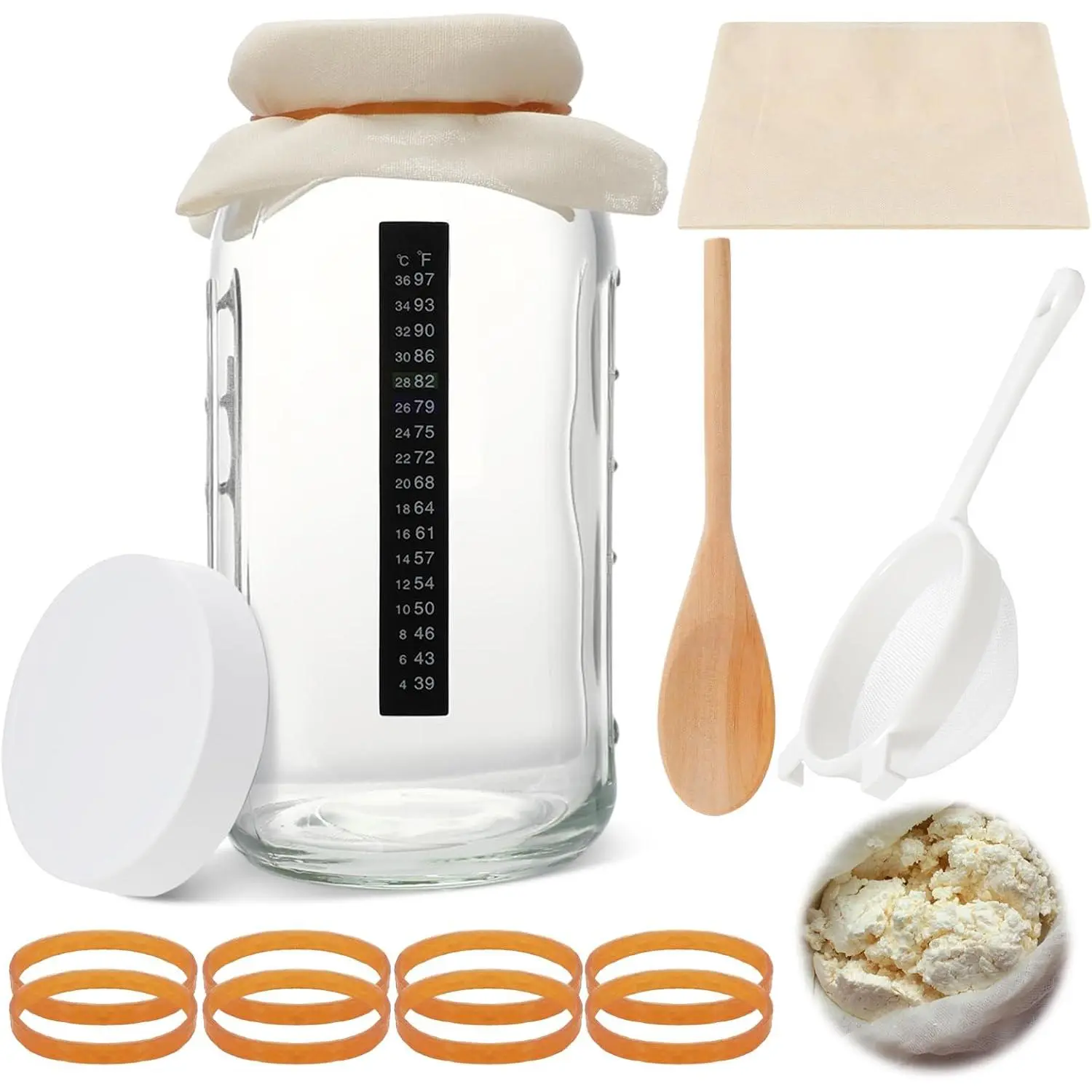 8 Pcs Complete Kefir Starter Kit Kombucha Fermenter Kit Half Gallon 64oz Mason Jar Wide Mouth with Plastic Storage Lid Nylon Mesh Strainer Cotton Cloth Cover and Wood Spoon
