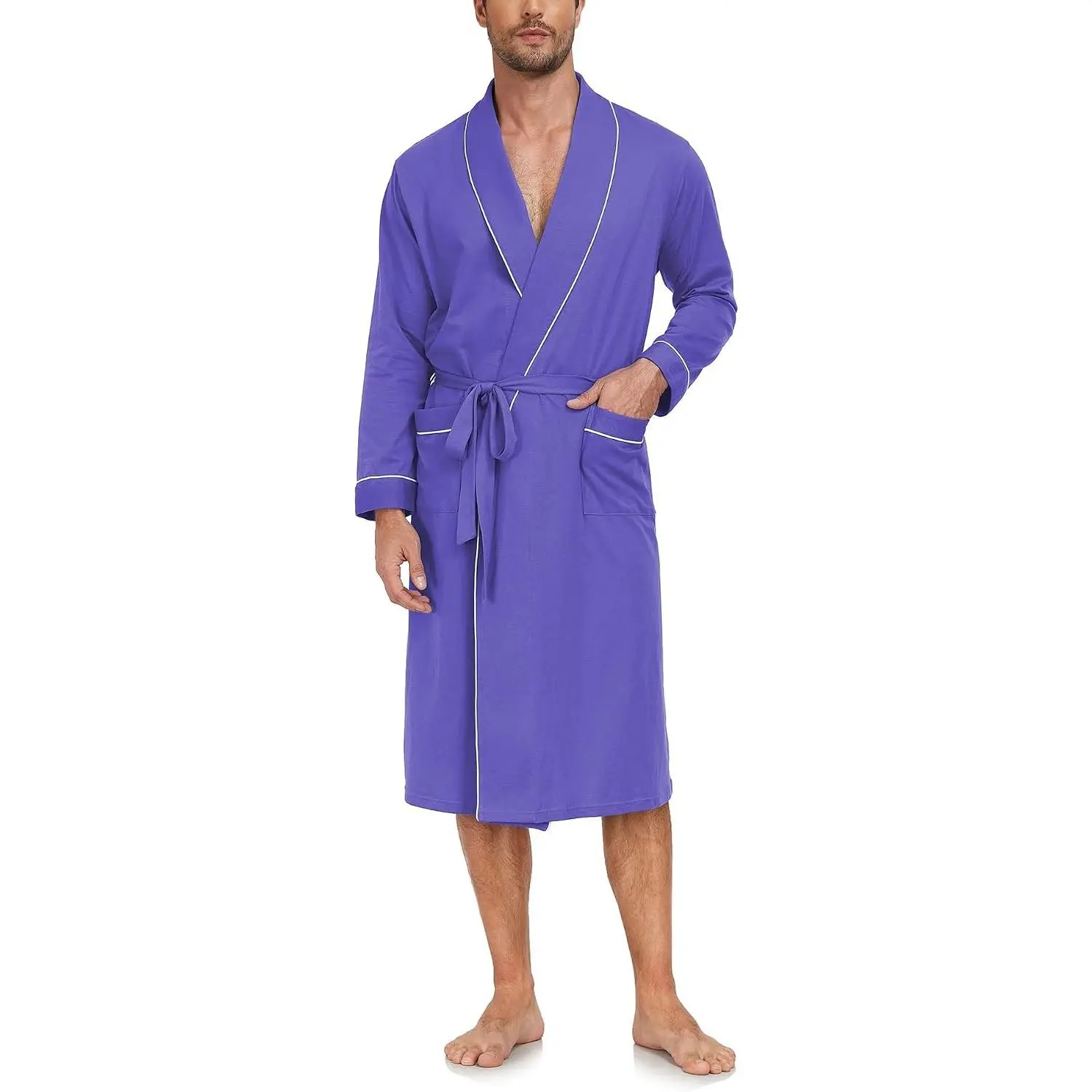 Men's Pure Cotton Robe, Lightweight and Soft, Long Summer Sleepwear 100% Cotton Robe with Pockets