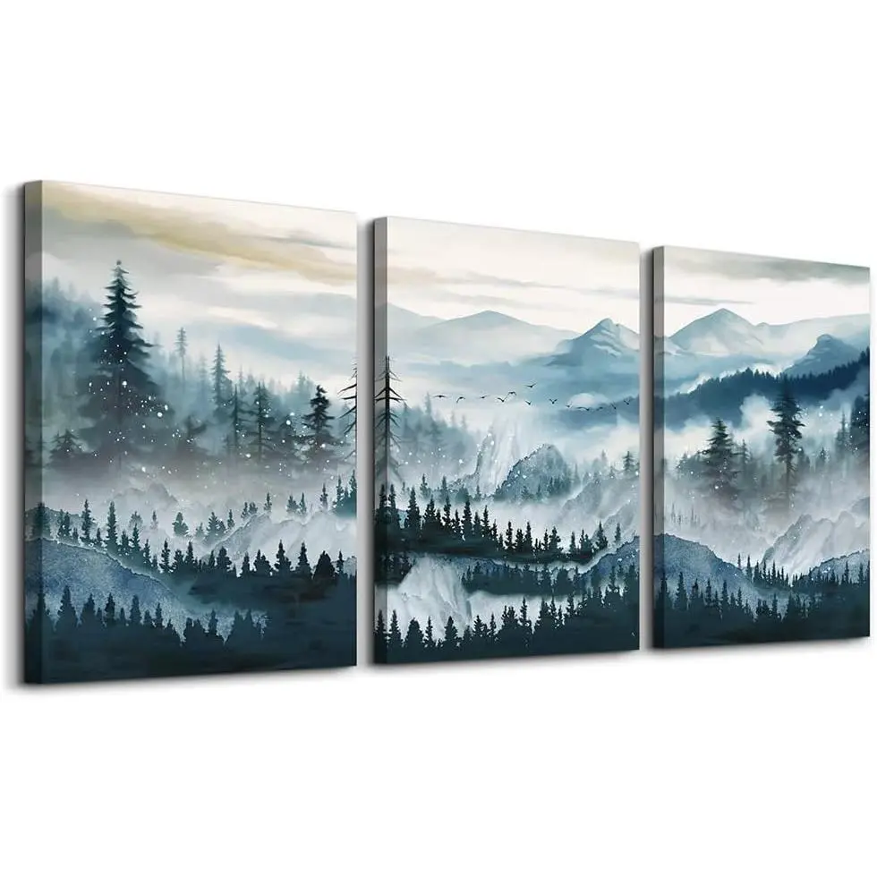 3-Piece Multi-Size Framed Blue Fog Trees Canvas Wall Art Set (12x16in), Abstract Wall Pictures - Home Decor Posters & Prints, Window Hanging Nature Gift for Living Room