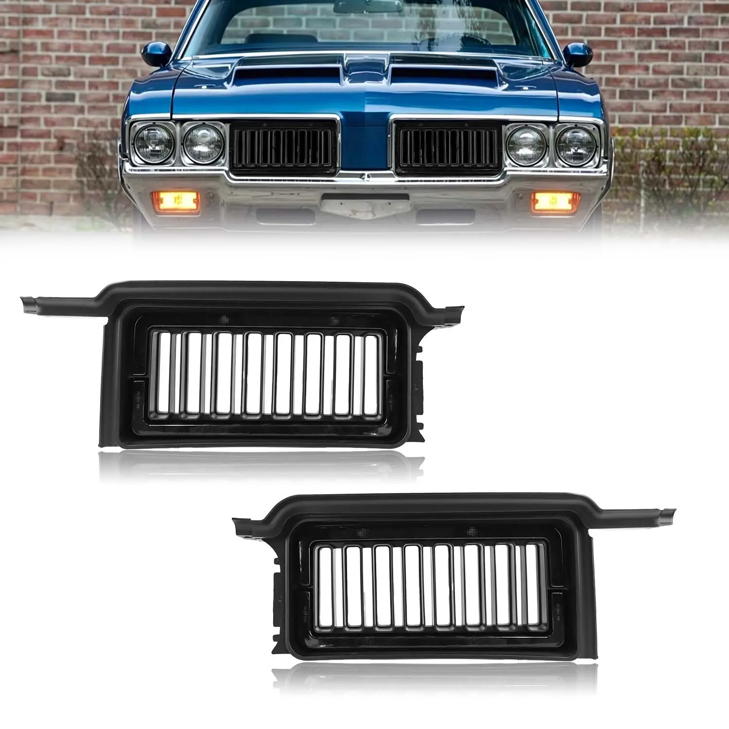 2Pcs Front Bumper ABS Plastic Hood Insert Grill Grille Shell For 1970 Oldsmobile Cutlass 442 F85 Hurst Olds W-30 W-31 models