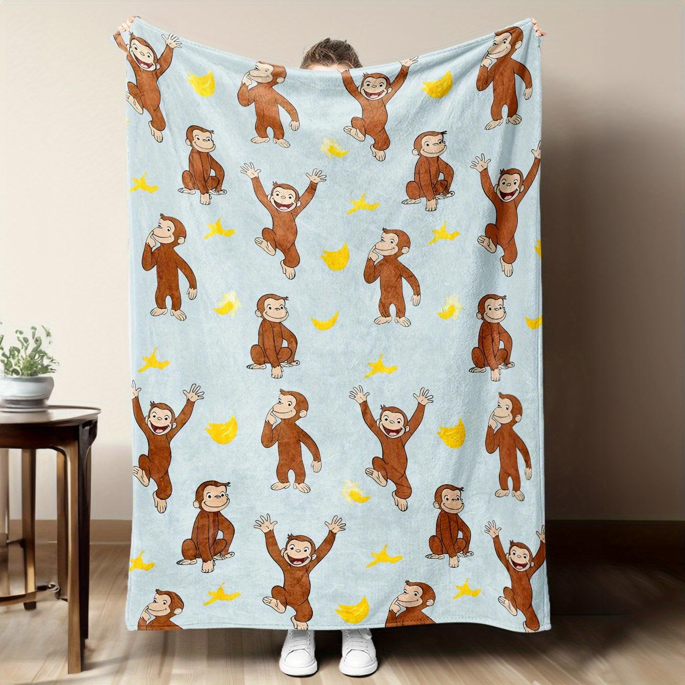 Soft Flannel Throw Blanket - Curious George Monkey & Banana Pattern - Cozy, Warm Light Blue Cartoon Design for Sofa, Bed, or Office - Perfect Gift for Friends & Family, Cute Throw Blanket-280GSM