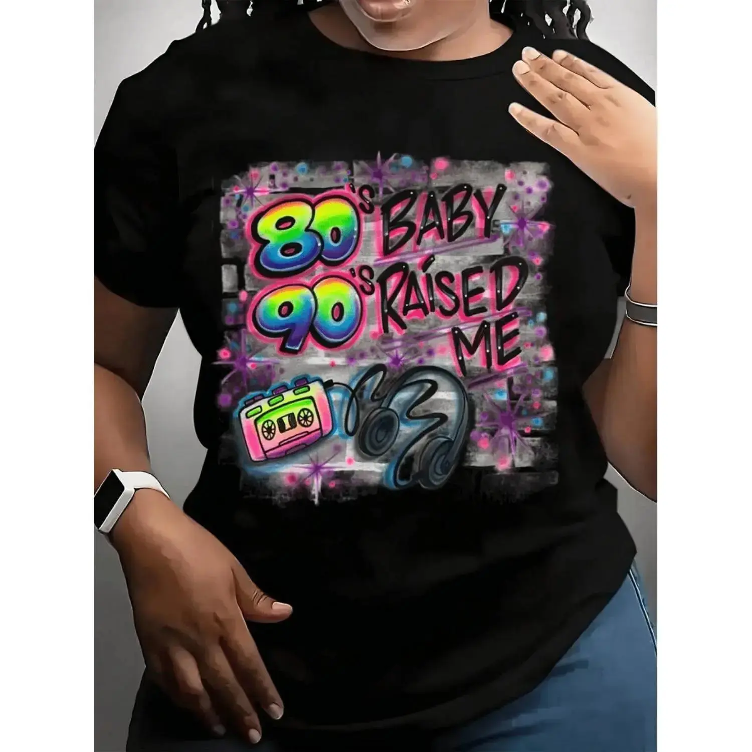 80s Baby 90s Raised Me Cassette Headphone Graffiti Graphic Oversized Comfort Cotton T-Shirt, Retro Nostalgia Fashion Outfit, Best Valentine Birthday Gift For Him Her, Ideal Holiday Present For 90s Kid Family Friends