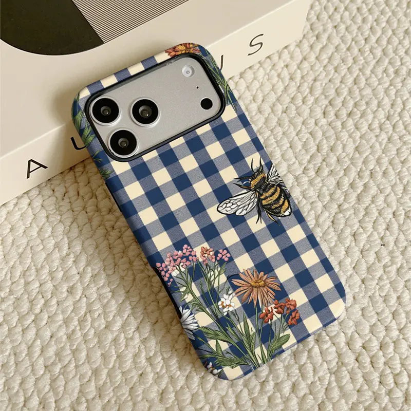 Phone Case: 1 Anti-drop Minimalist Premium Bee and Wildflower Plaid Pattern Phone Case, Two-in-one Film and Hard TPU Material Phone Case, Suitable for iPhone 11/11 Pro Max/12/12 Pro/12 Pro Max/13/13 Pro/13 Pro Max/14/14 Pro/14 Pro Max/14 Plus/15/15