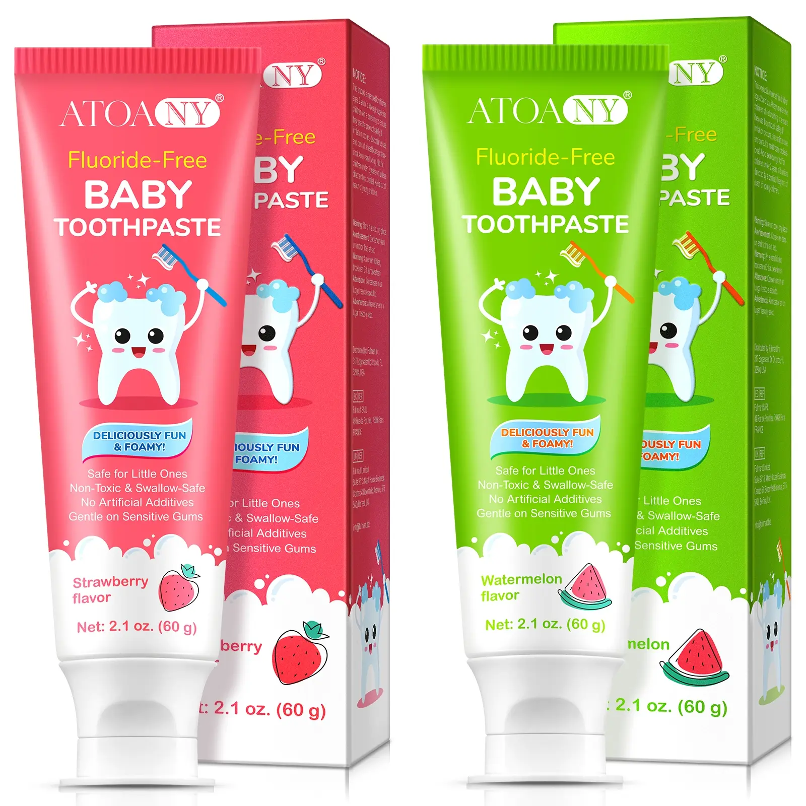 ATOANY Children's Toothpaste Set, Kid Toothpaste, Watermelon + Strawberry Flavors, Cavity Prevention + Multi-Effect Oral Care, Fine Foam That Rinses Easily, Fruit-Flavored Toothpaste, Contains Xylitol, Toothpaste for Children's Dental Care