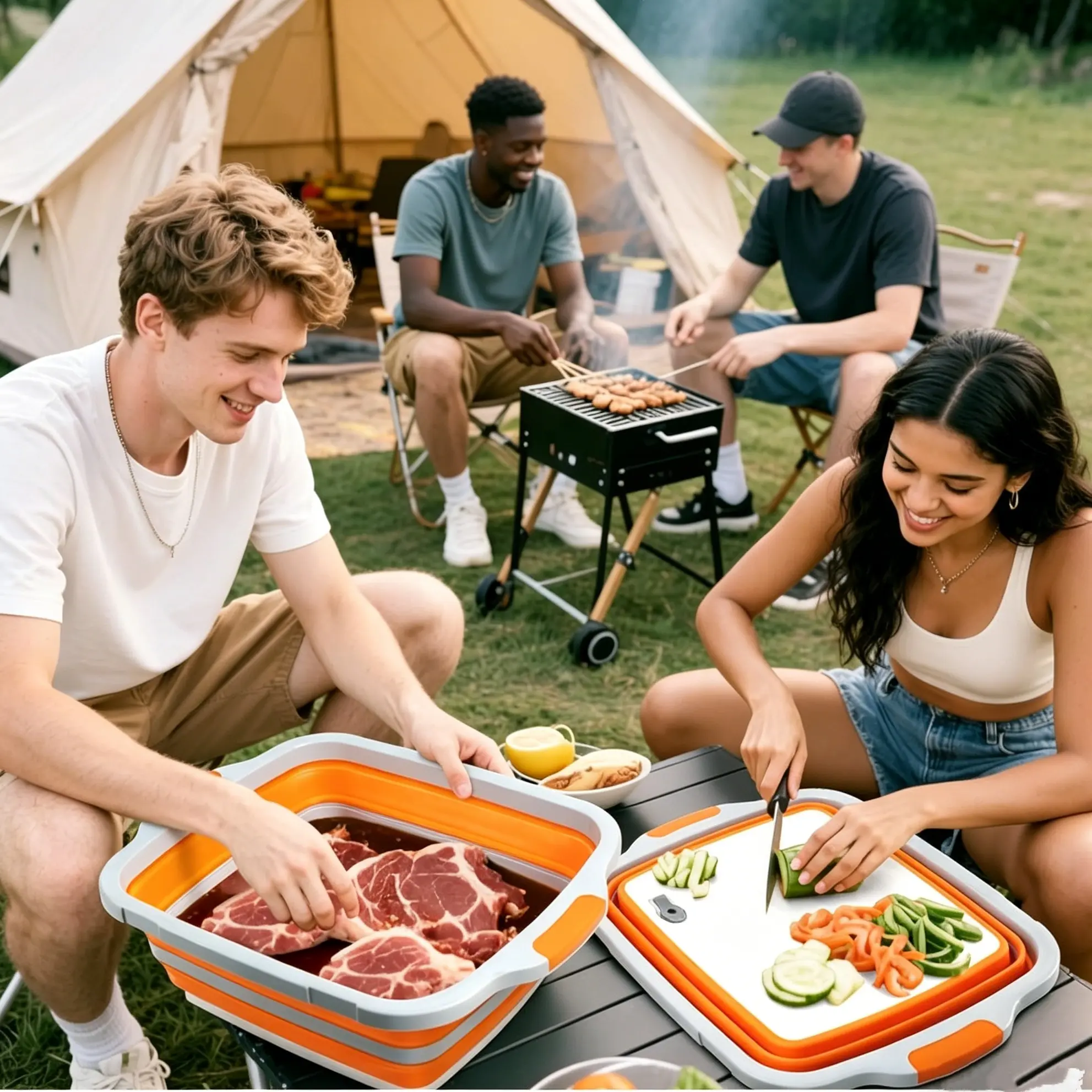 Collabsible  BBQ Prep Tub w/Cutting Board, Colander & Lid - Great for Tailgating, Barbecue, Meal Prep and Food Storage - Orange