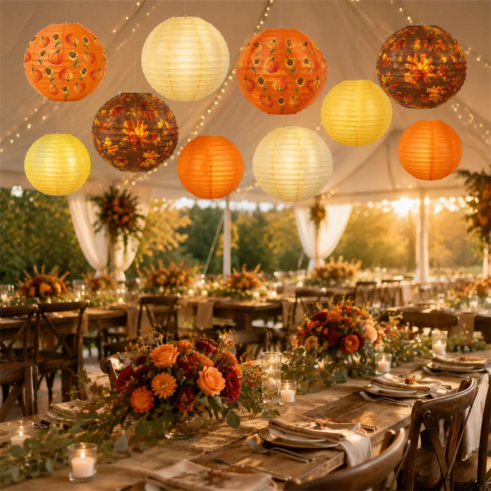 10 Pack Fall Paper Lanterns Mixed Sizes 6 8 10 12 Inch Pumpkin Sunflower Maple Leaf Aesthetic Cozy Room Decor Hanging Lanterns for Thanksgiving Halloween Autumn Harvest Party Bedroom Wall Ceiling