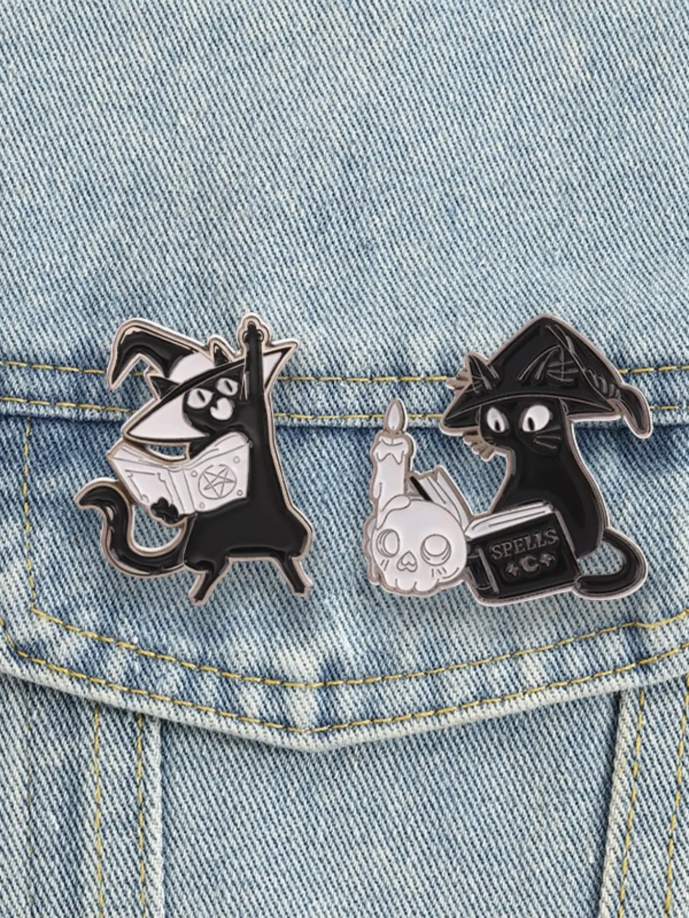 2 Styles Witch Cat Enamel Pin, Halloween Wizard Cat Book Skull Candle Brooch, Dark Decor Badge, Unique Accessories for Fans