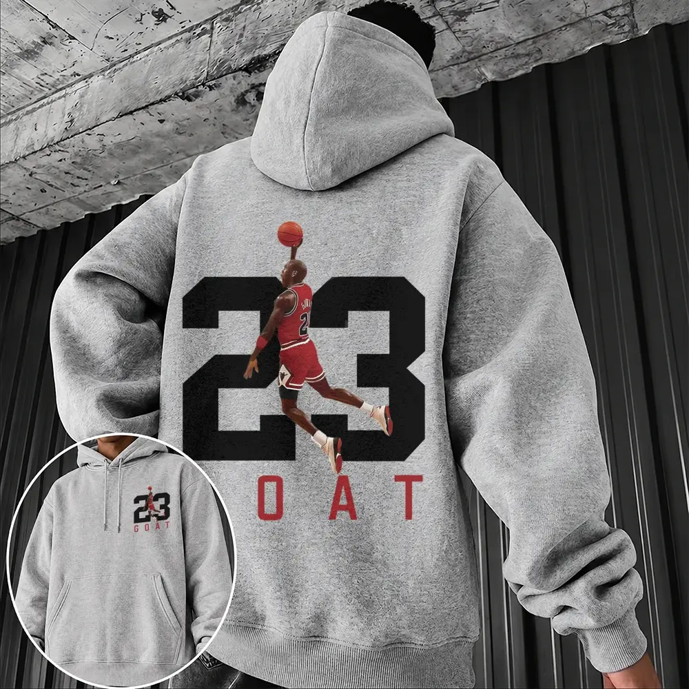 Men’s 23 GOAT Basketball Graphic Hoodie, Vintage Sports Player Print Pullover Sweatshirt, Casual Long Sleeve Hooded Top with Kangaroo Pocket, Streetwear for Daily Wear, Basketball Fans, Travel, Weekend and Gifts