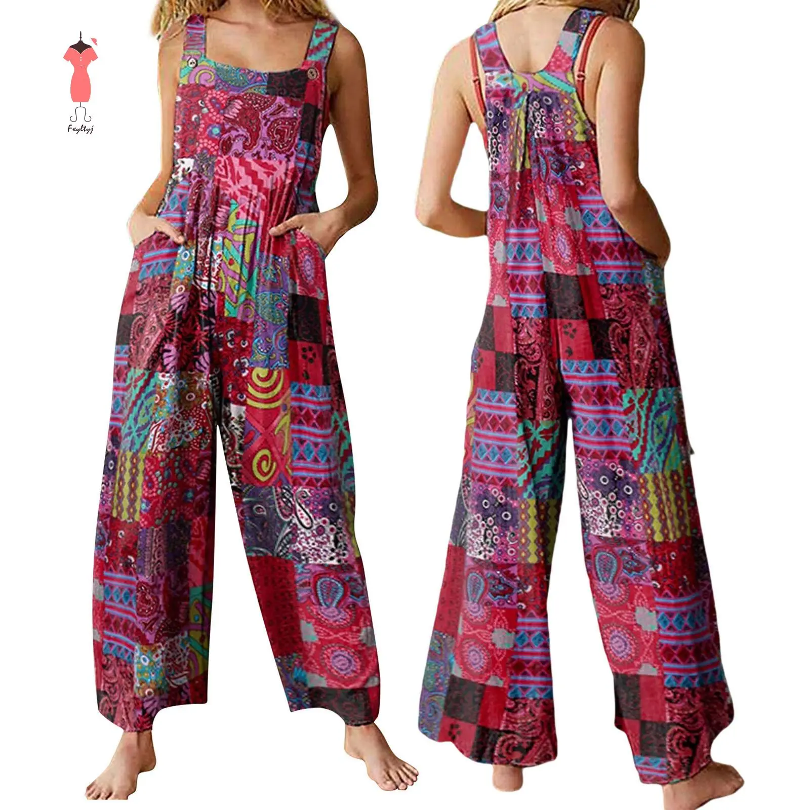 Women Summer Overalls, Multicolor Ethnic Style Square Neck Sleeveless Casual Jumpsuit with Pockets for Girls, Red/Blue Check Cotton, Strap, Linen, Outdoor, Xxxl, Clothes