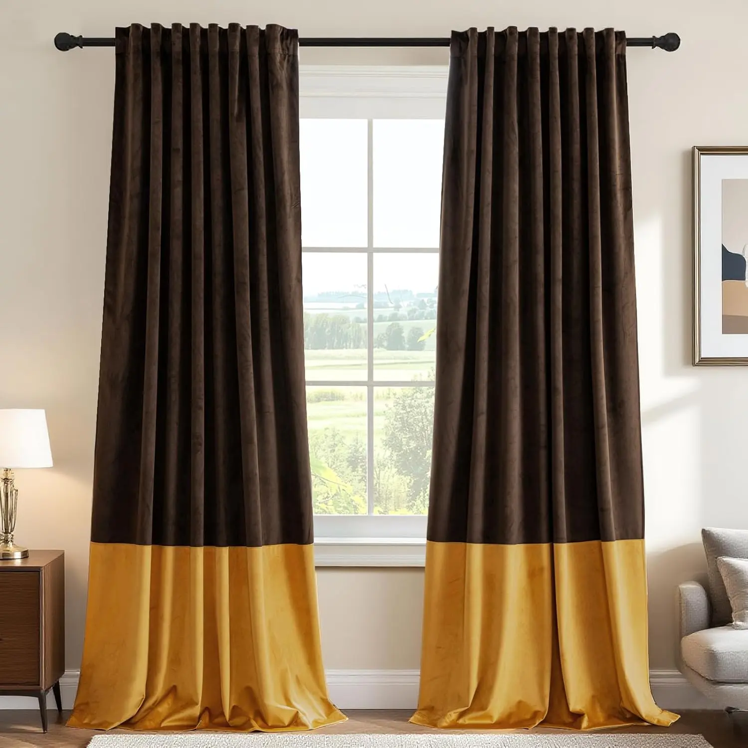 Velvet Patchwork Curtains Thermal Soundproof Room Darkening Drapes Rod Window Treatment Panels for Living Room Bedroom,2 Panels,Brown/Mustard,52" W x 84" L
