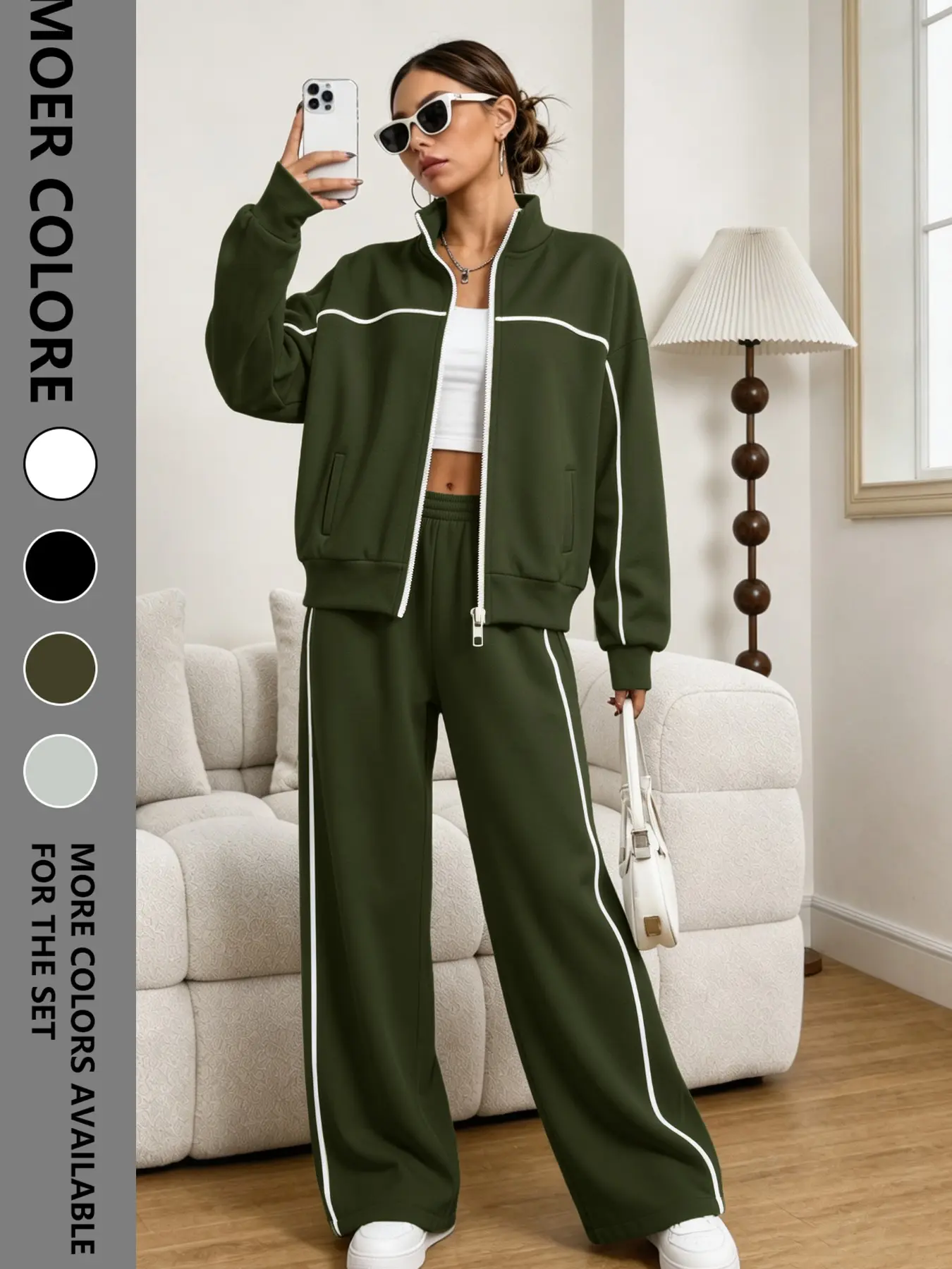 Women's Two-Piece Set, Fall Winter Long Sleeve Zip-Up Sweatshirt and Mid Waist Pants, Basic Casual Loose-Fitting, Multiple Colors Available