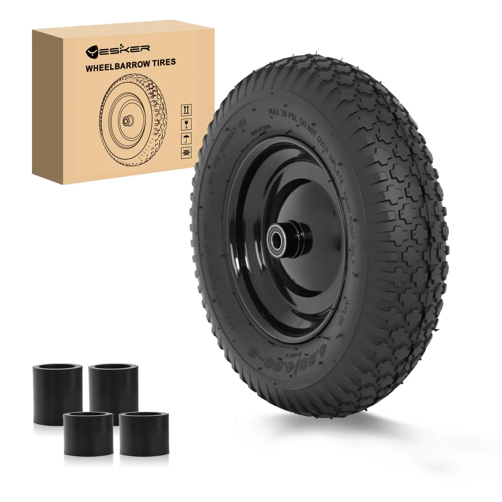 Yesker 4.80/4.00-8 NHS Standard Pneumatic Replacement Set, 16" Air-Inflated Tire & Wheel with 5/8" Axle Bore for Wheelbarrow, Garden Carts, Load Support, Smooth Rolling, Stability, Grass Traction, Shock Absorb (1 Pack), Wheelbarrows
