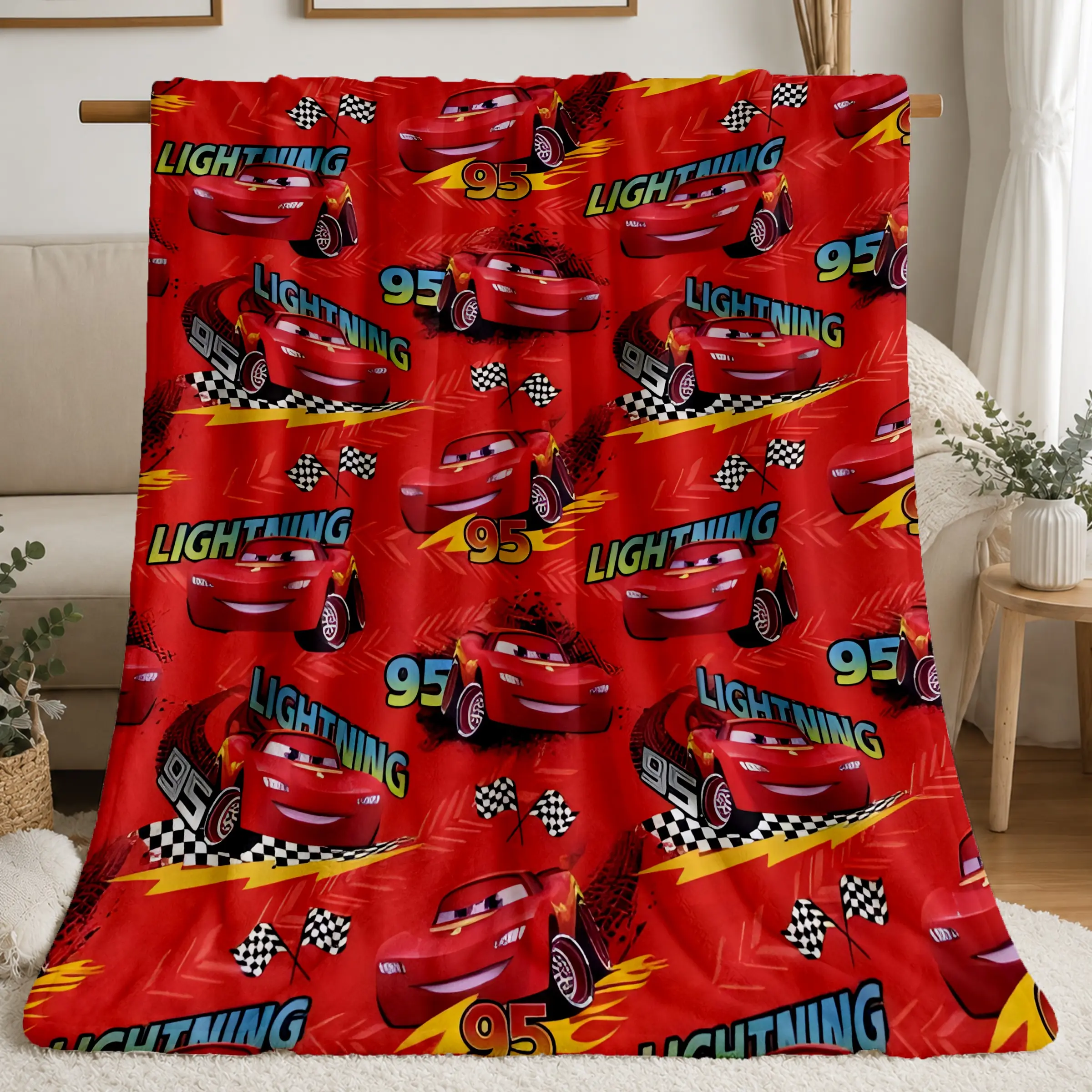 Lightning Mcqueen Flannel Blanket, Soft Base with Full Print Race Car Pattern, Kids' Room Decor, Sofa Bed Cover, Collectible Gift