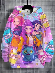 Maroon Magic Girl Blue Cat Full Print Hoodie, Casual Long Sleeve Sweatshirt, School Daily Wear