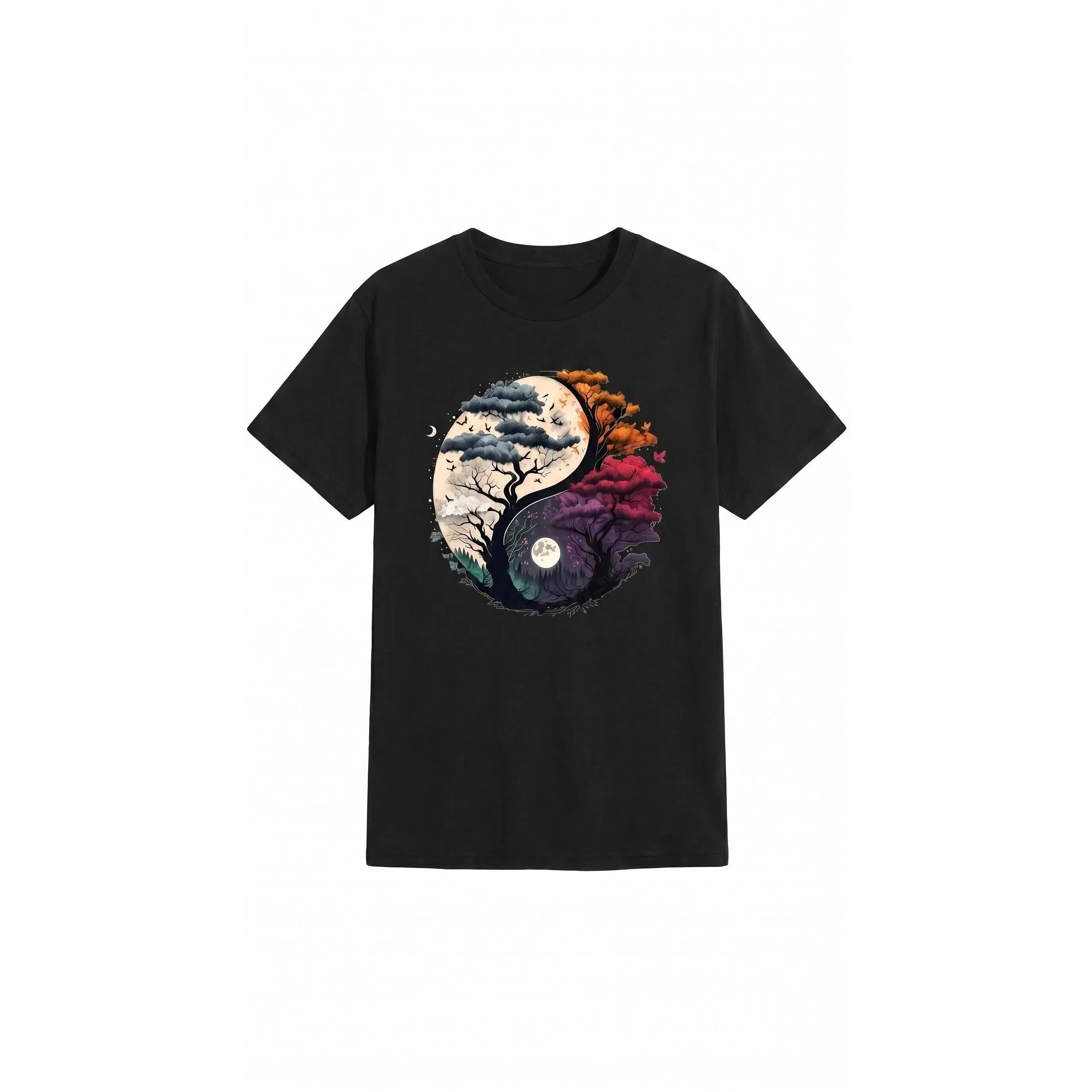 Men's 100% Cotton Loose-Fit Round Neck Short-Sleeve Graphic Print Tree Motif Streetwear T-Shirt, Breathable for Casual Outdoor & Meditation Wear, Cold-Wash Menswear Top