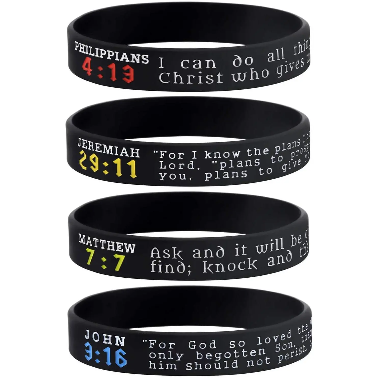 Wristbands, Religious  Pack - Philippians 4:13, Jeremiah 29:11, John 3:16, and Matthew 7:7 - Set of 4 Scripture Bracelets - Adult Size for Men Women