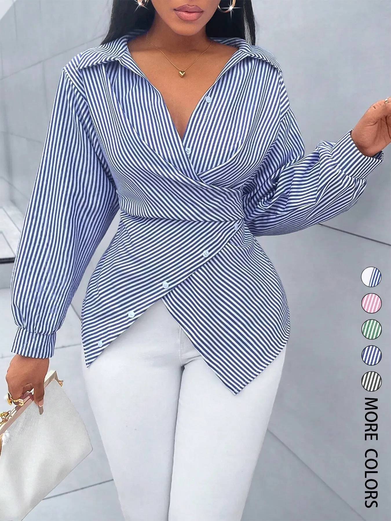 Women's Striped Print Button Front Shirt, Asymmetrical Shirts, Asymmetrical Hem ,Wrap Blouse,Fall Outfits,Long Sleeve,Winter Clothing,Elegant,Chic,Daily Commuting,Going Our,Casual, Top
