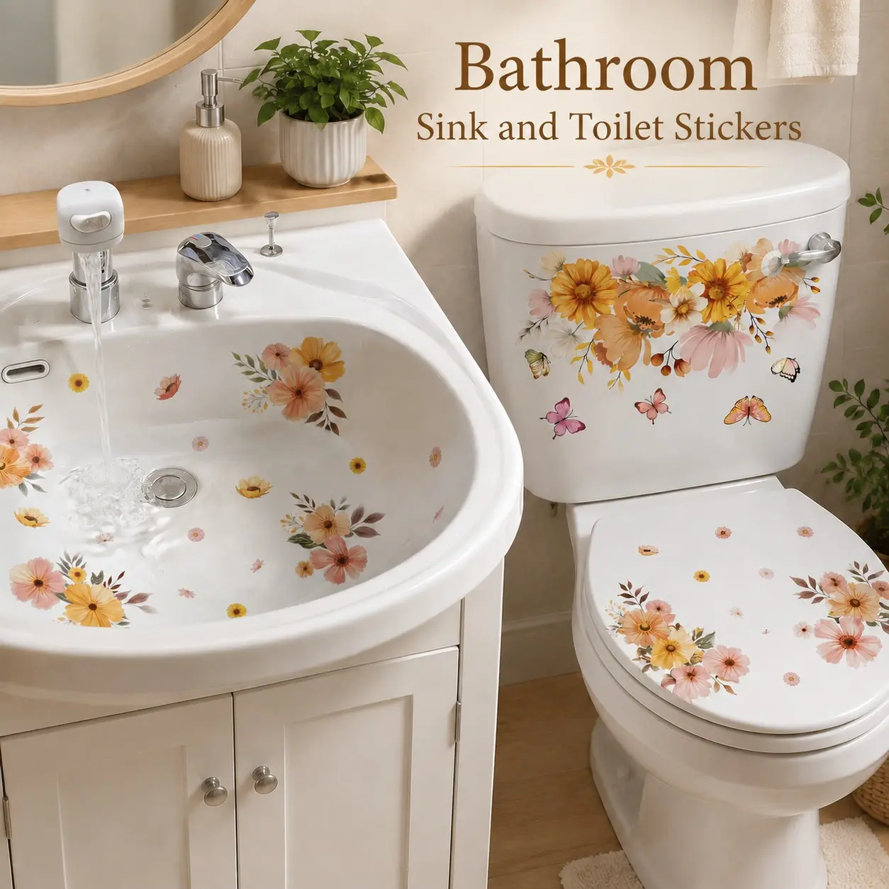 2pcs Watercolor Floral Sink Stickers, Daisy Plant Butterfly Toilet Stickers, Fresh Healing Bathroom Decor, Wall Art for Shower Tub, Bathroom Accessories