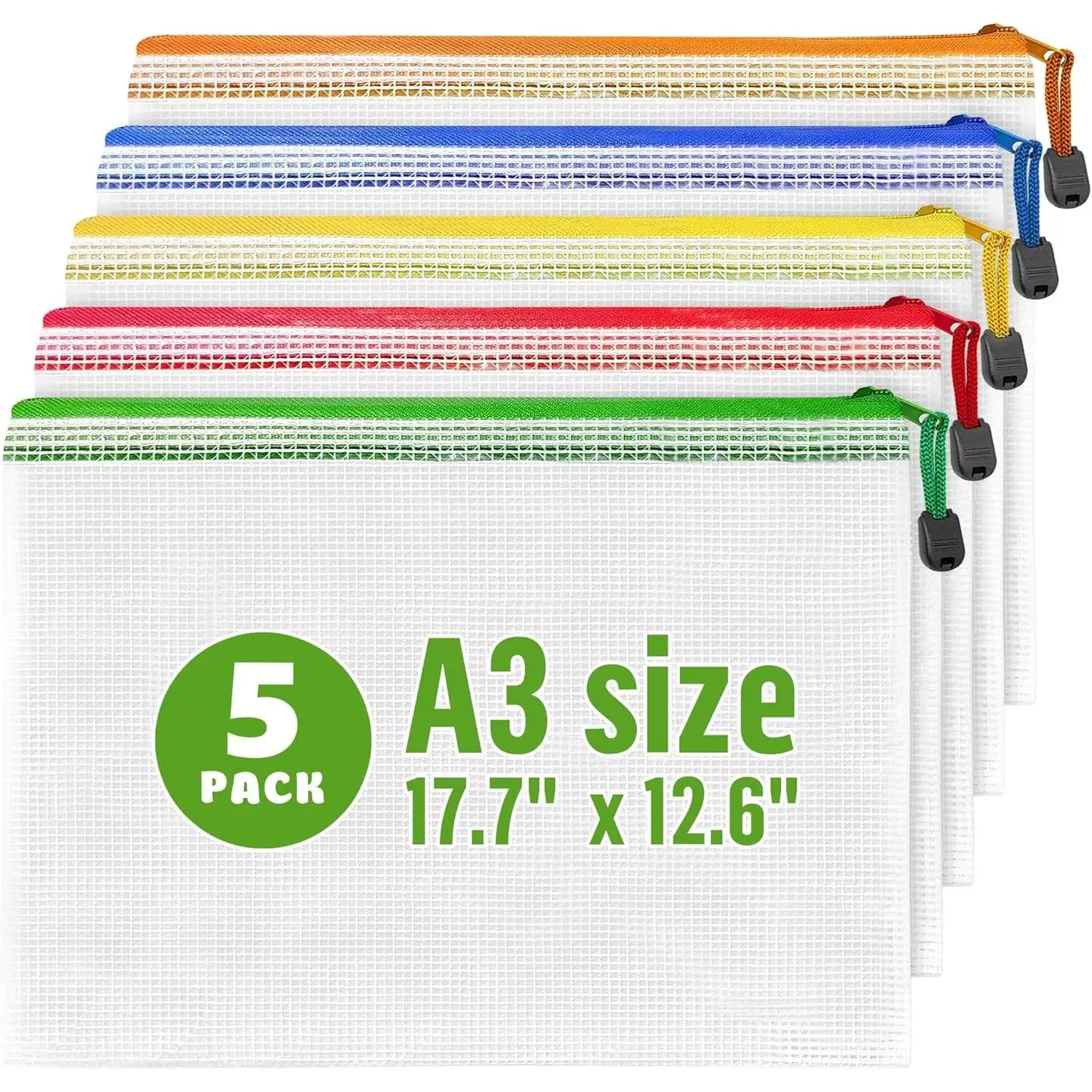 5 Pack A3 17.7x12.6 Inch Mesh Zipper Pouch Bags - Large Plastic Zip Mesh Pouches for Organizing, Ideal for Game Storage and Puzzle Organization
