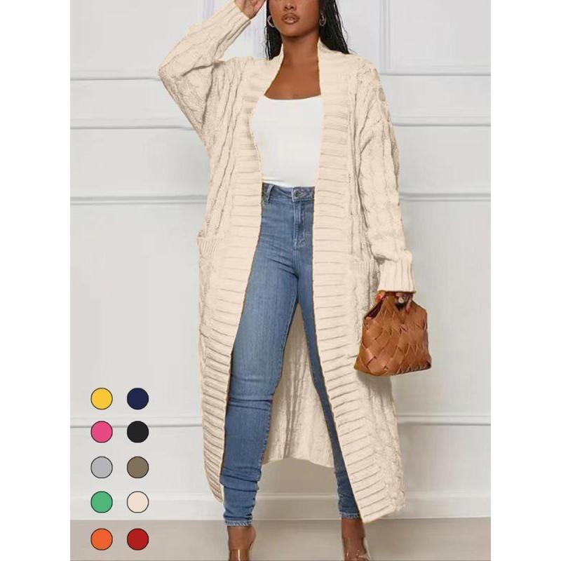 Women's Solid Color Textured Drop Shoulder Pocket Longline Cardigan, Casual Open Front Long Sleeve Knitwear for Fall & Winter, Women's Knit Clothing for Daily Wear, Lady Baggy Cardigans for Women, Womenswear, Casual Knit Top Can be used with a raincoat