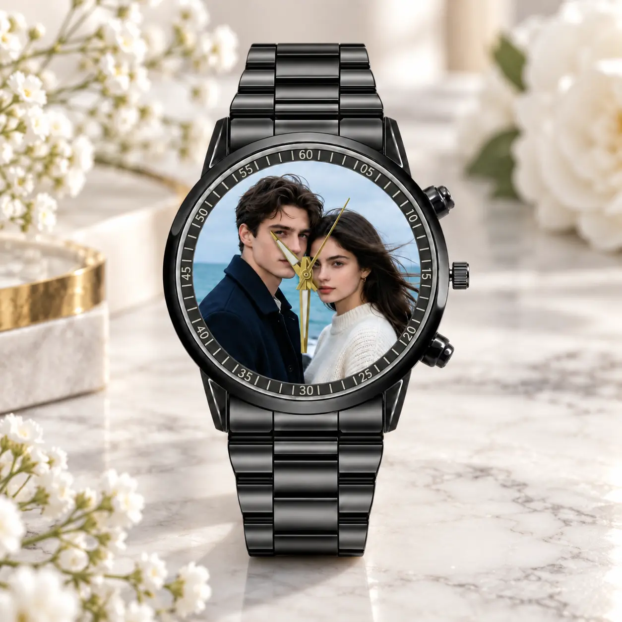 **Custom Photo Watch for Men & Women, Personalized Picture Dial Black Stainless Steel Wristwatch, Couple Gift for Boyfriend Girlfriend, Anniversary Birthday Present**