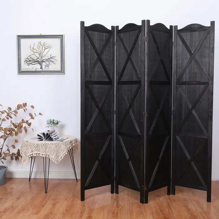 Nokaa 4 Panel Room Divider Solid Wood Freestanding Folding Privacy Screen Arched Top X-Shaped Farmhouse Partition Wall for Living Room Bedroom Office Home Decor Portable Lightweight Easy Storage, Black Color Options, Solid Wood Material