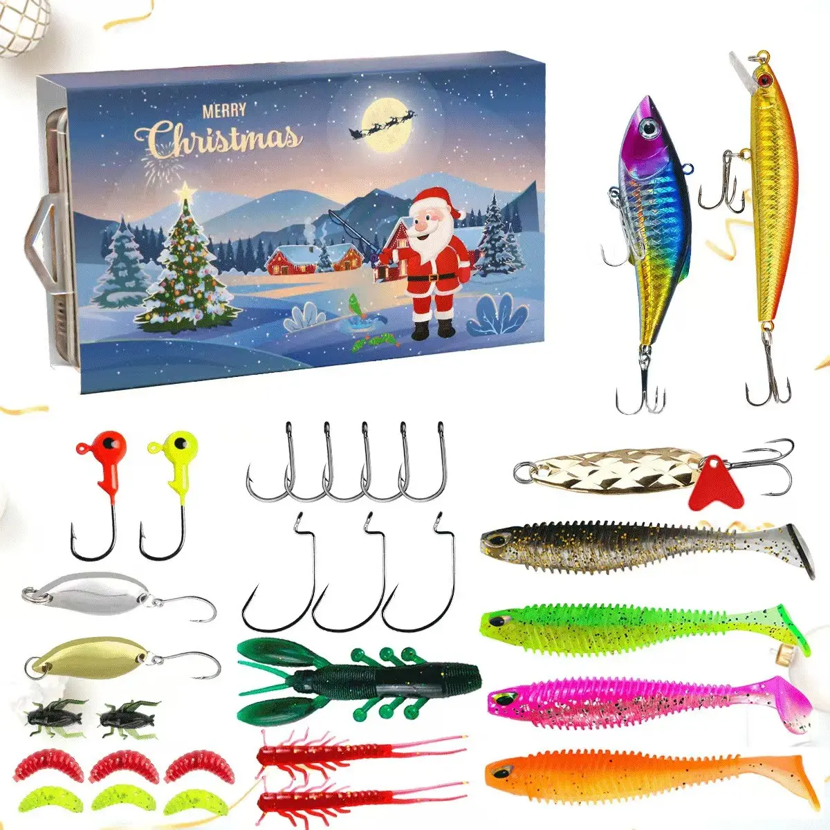 Christmas Countdown Fishing Theme Advent Calendar, 30-Day Fishing Bait Set, Outdoor Fishing Gear Kit, Holiday Gift for Anglers