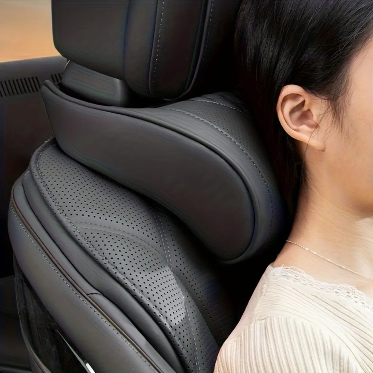 Ergonomic Nappa Leather Car Headrest Pillow - Luxury Neck Support Cushion for Driving - Breathable Fabric with Elegant Embroidery Details - Comfortable Auto Interior Accessory for Posture Support & Style - Car Accessories