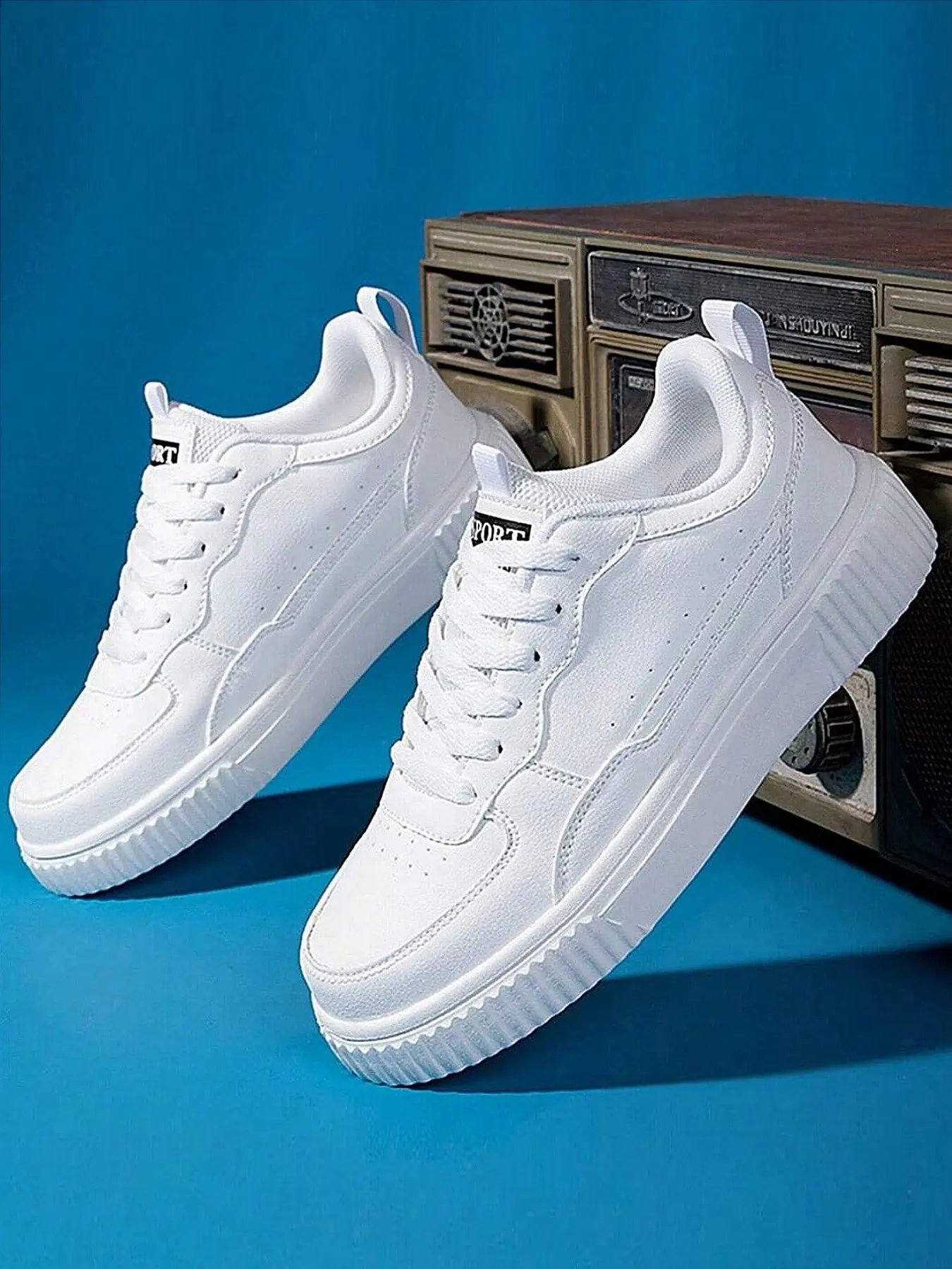 men All White Platform Sneakers, Lace Up Chunky Thick Sole White Skate Shoes, Elevator Height Increase Casual Walking Shoes, Minimalist All-Match Daily Streetwear Footwear, Fashionable Versatile Sneakers