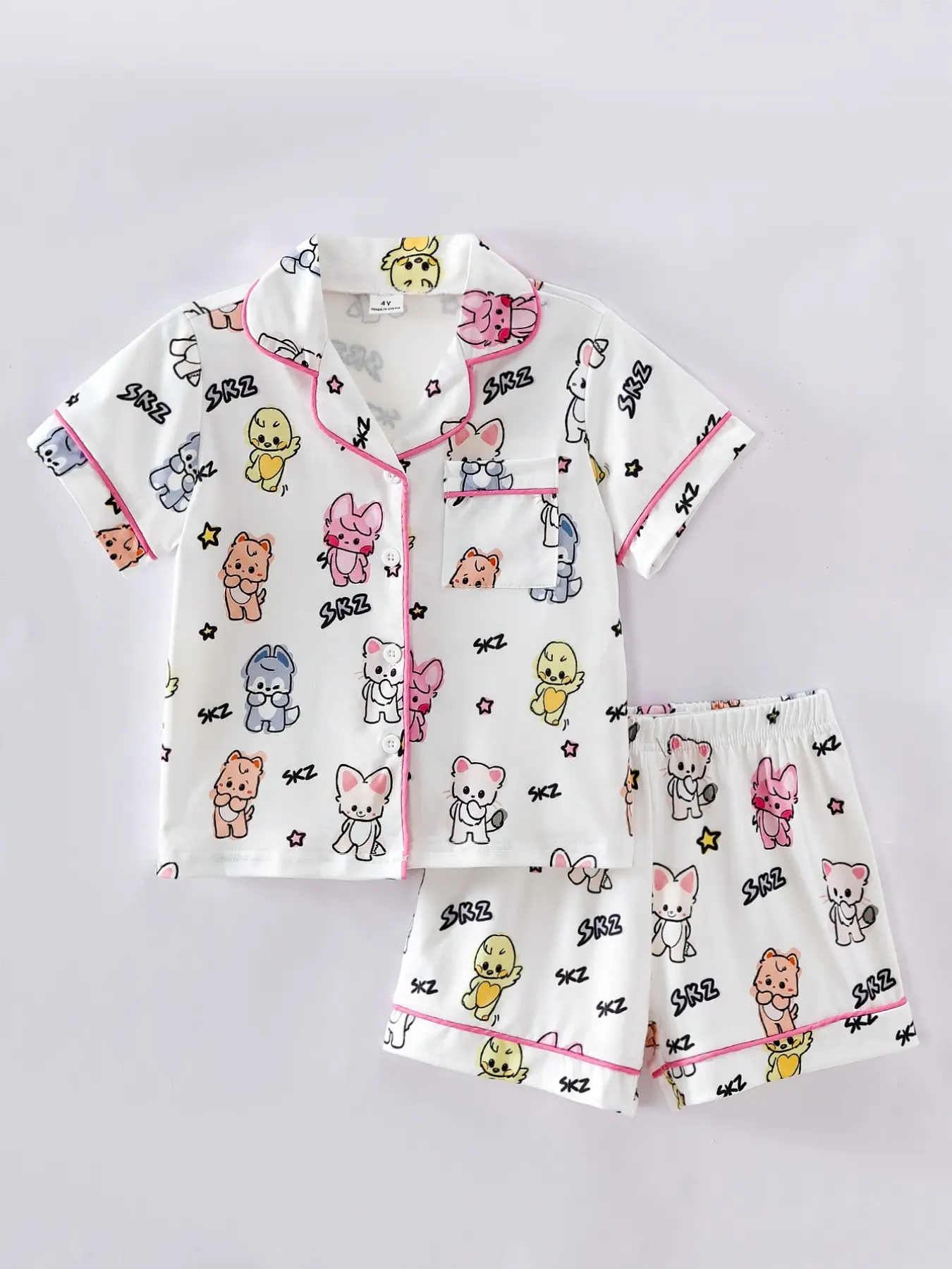 Girls' K-Pop Style Kawaii Animal Print Pajamas, Two-Piece Short Sleeve Set, Cartoon Sleepwear, Perfect Summer Gift, Korean Style